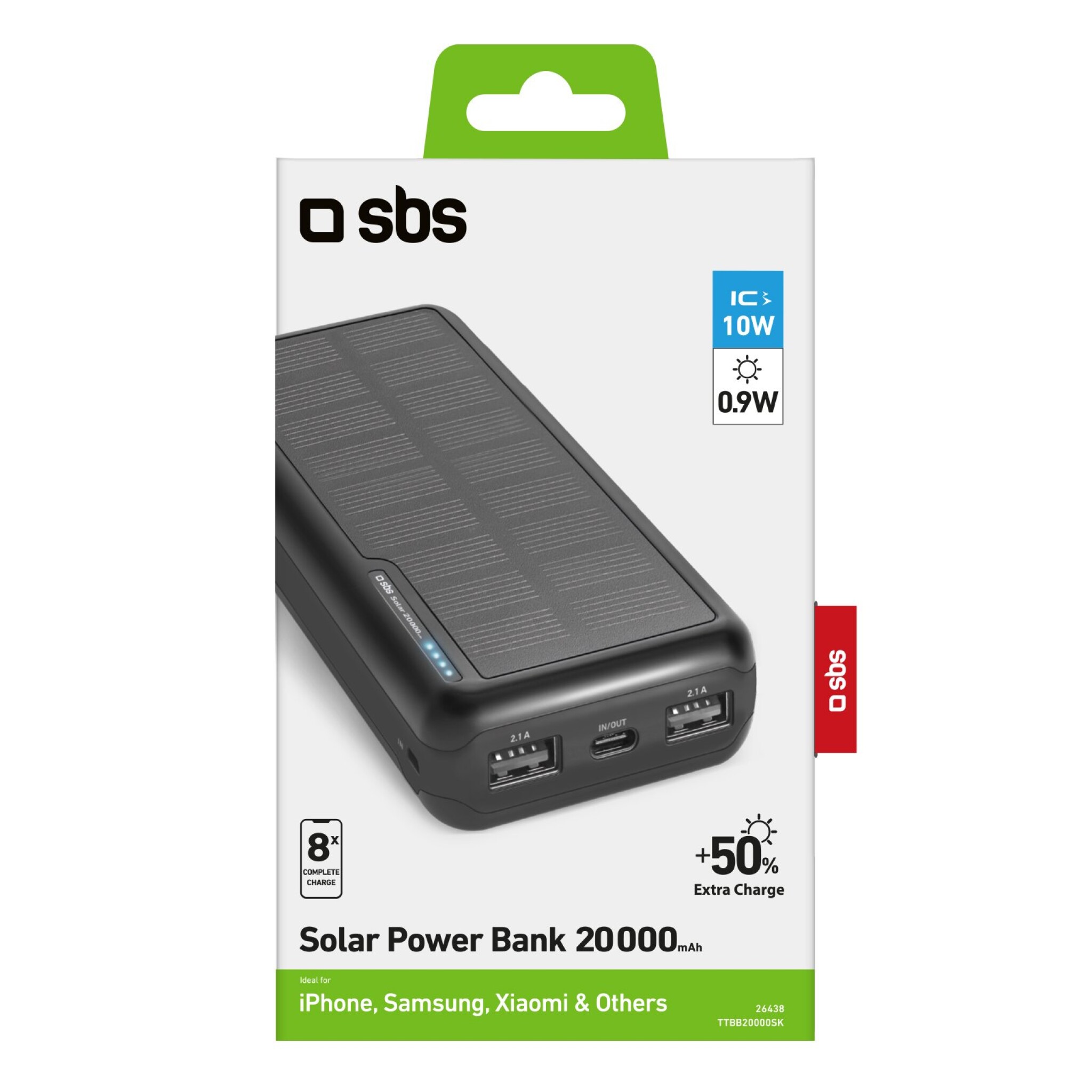 SBS Solar Power Bank. 20,000 mAh. Black