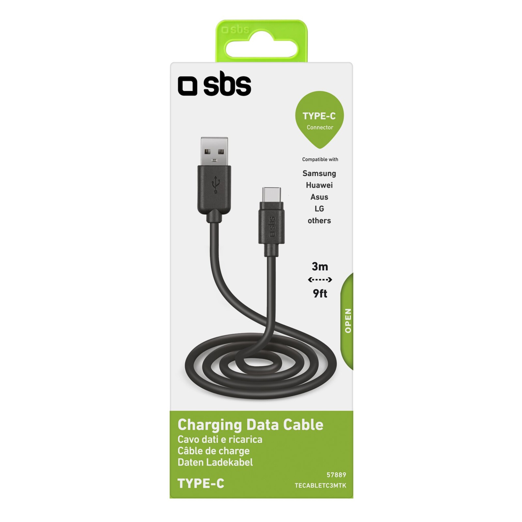 SBS Data and Charging Cable USB 2.0 - USB C. 3m. Black