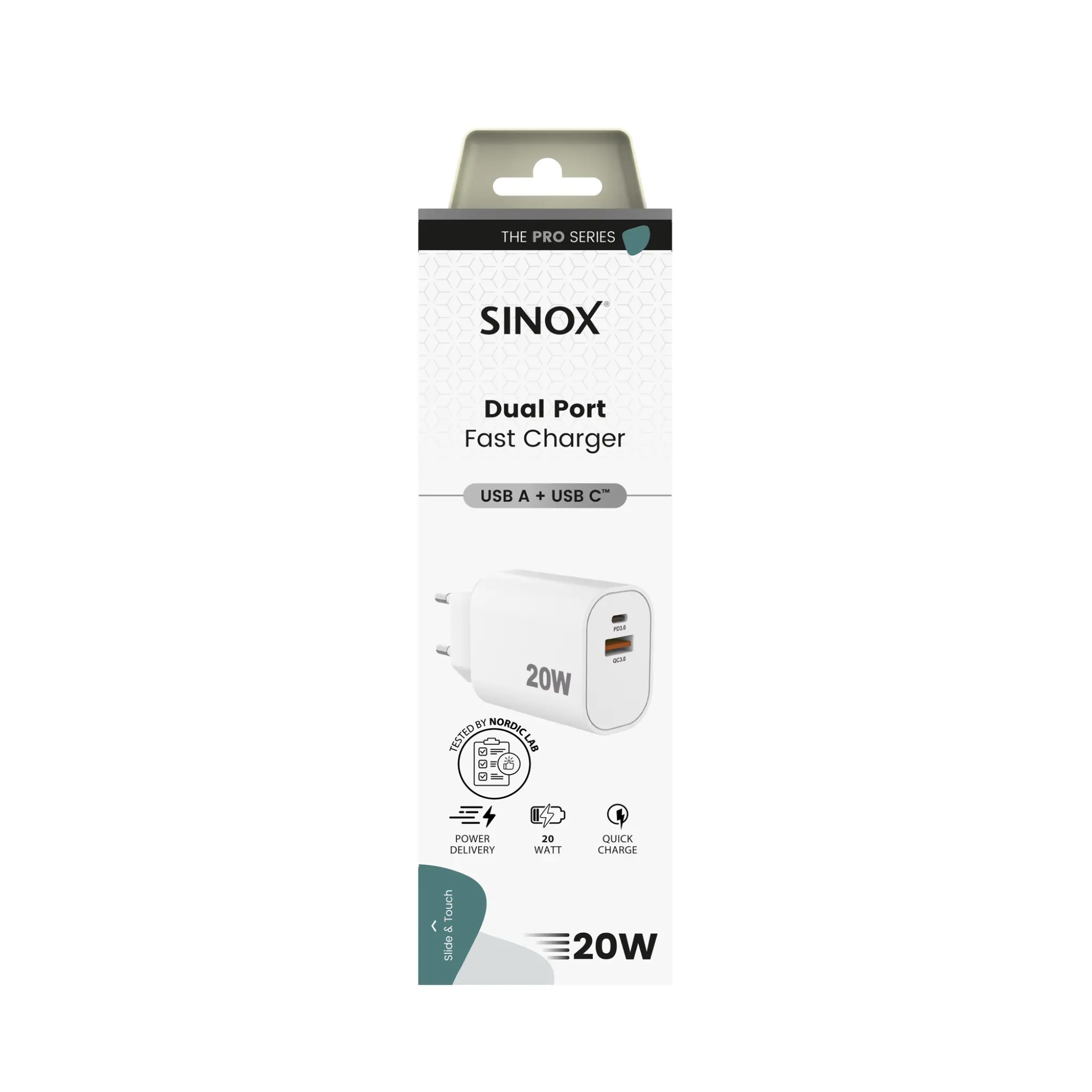 Sinox PRO Wall Charger USB-A+USB-C 20W. White