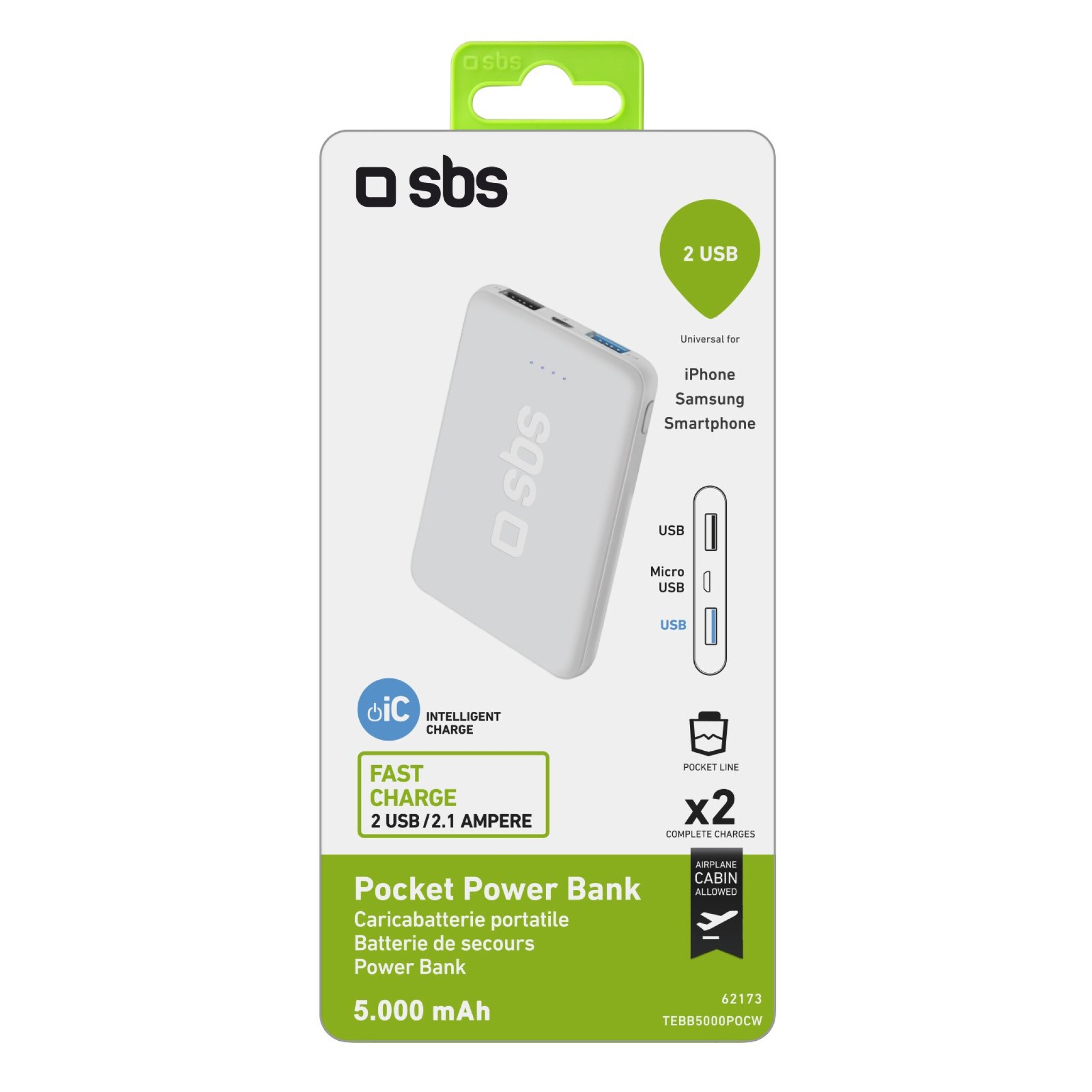 SBS Fast Charge Power Bank. 5000 mAh. White