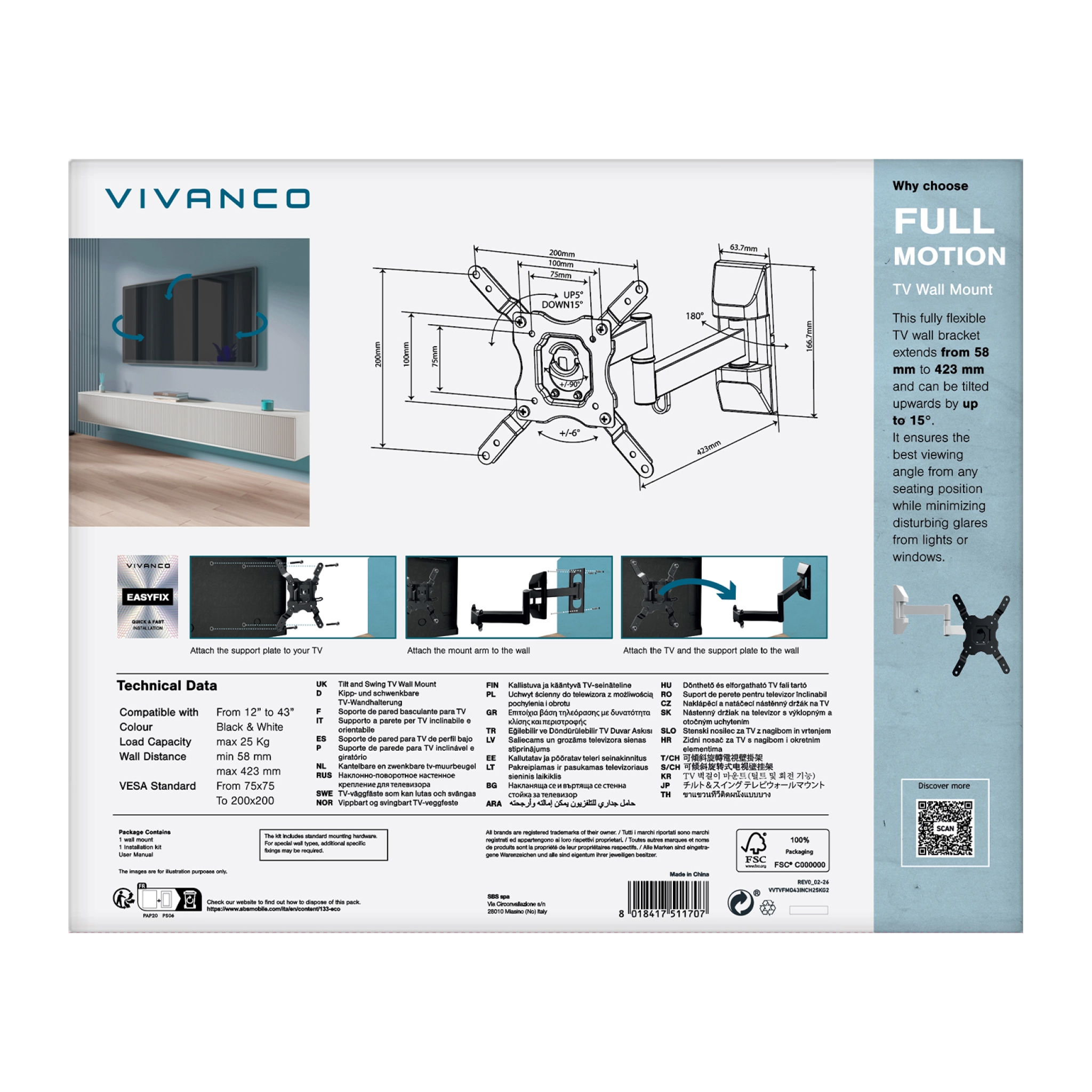 Vivanco TV Wall Mount, MOTION, dual arm, 43", 25kg White, VESA 200x200