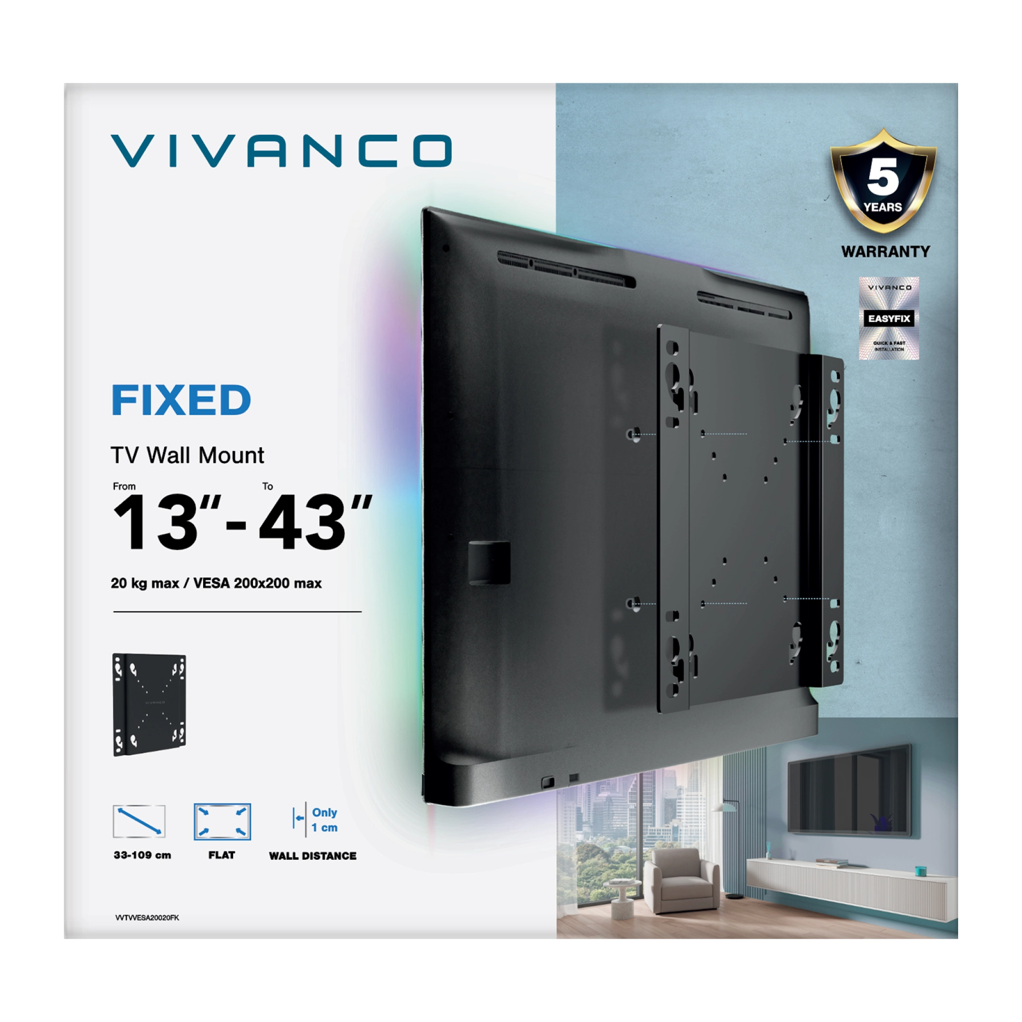 Vivanco TV Wall Mount, FLAT, 43", 20kg ,VESA 200x200