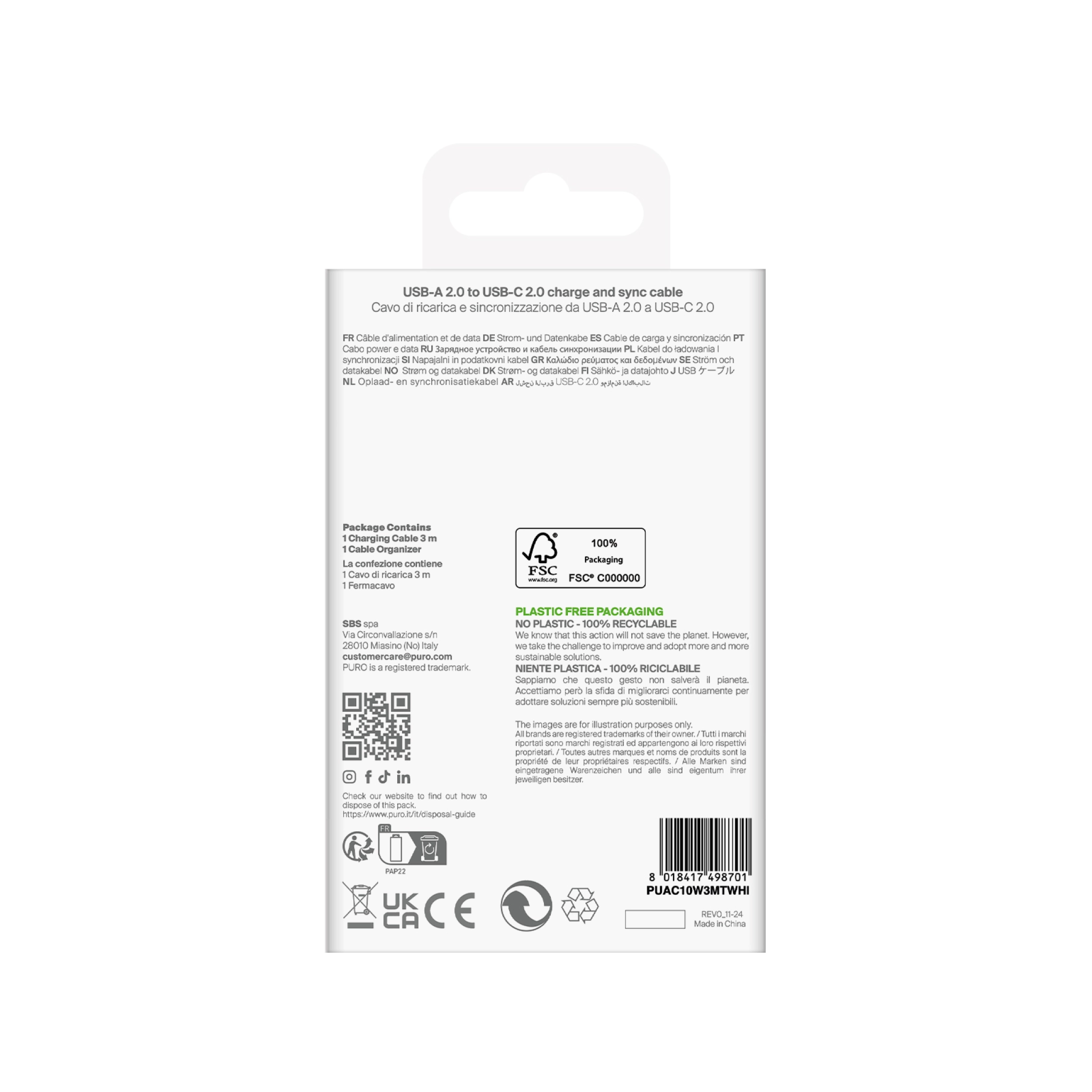 PURO TPE Cable USB-A to USB-C, 3m, 2.0, 10W, White