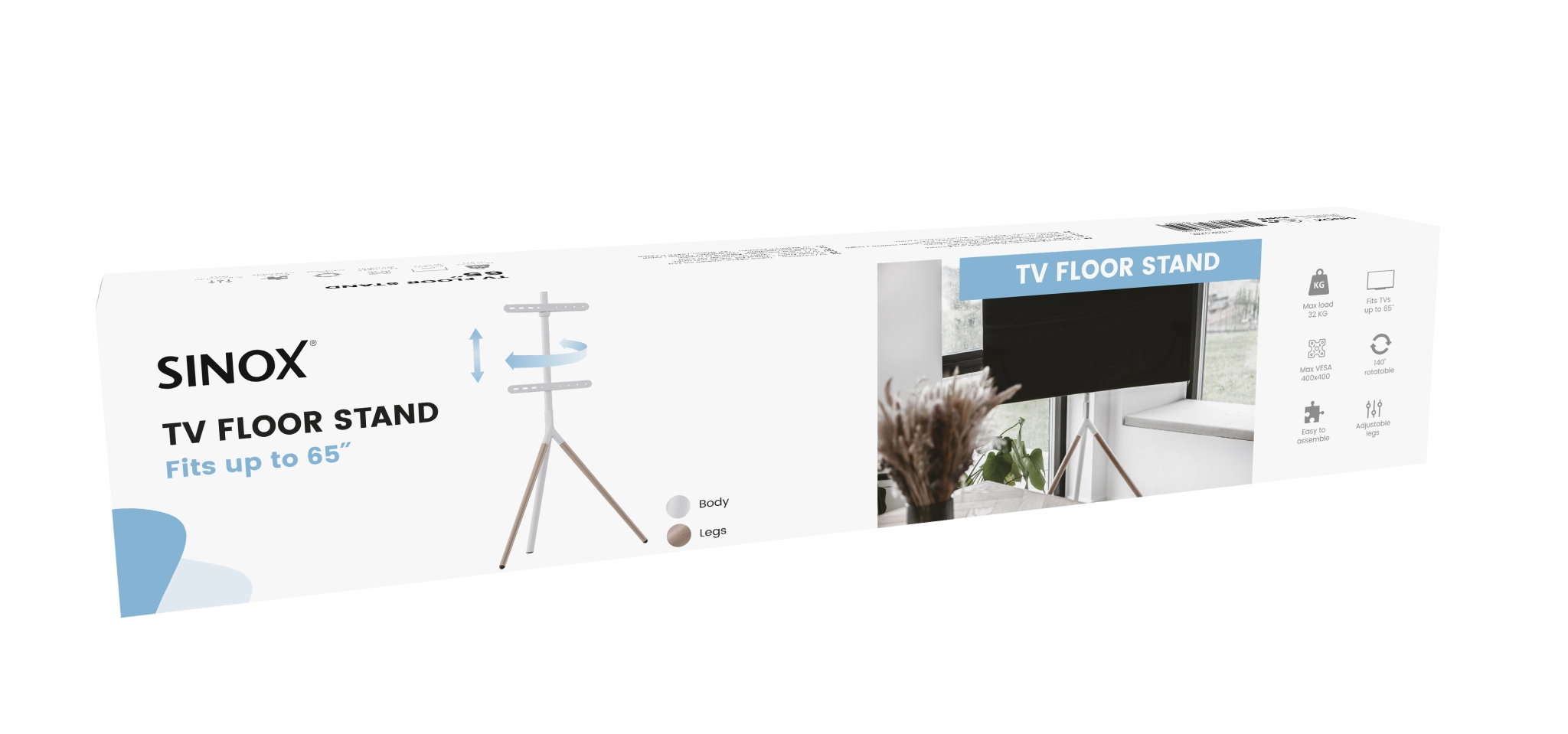 Sinox Tripod TV Floor Stand. 45"-65". White & Beech