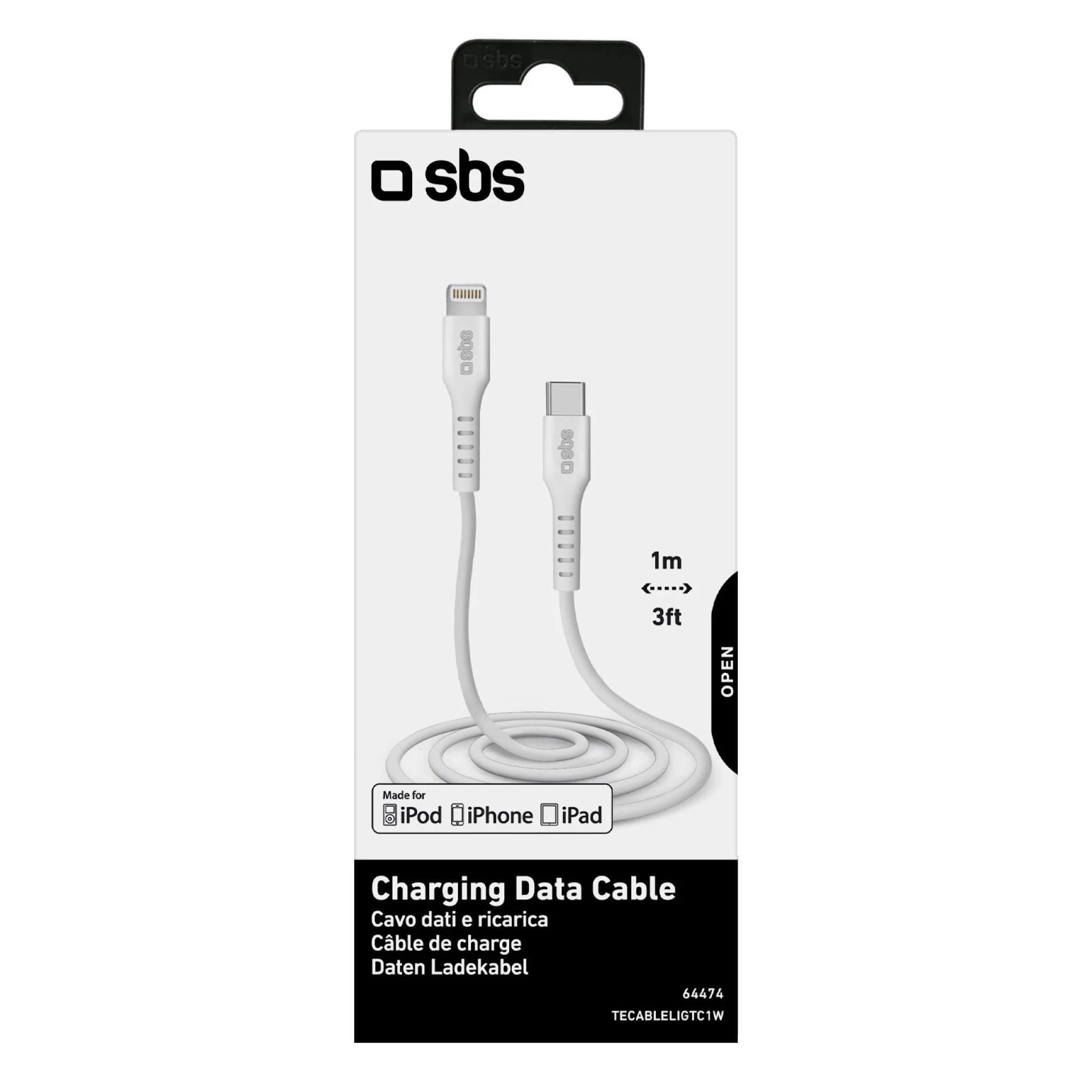 SBS USB C to Lightning cable. 1m. White