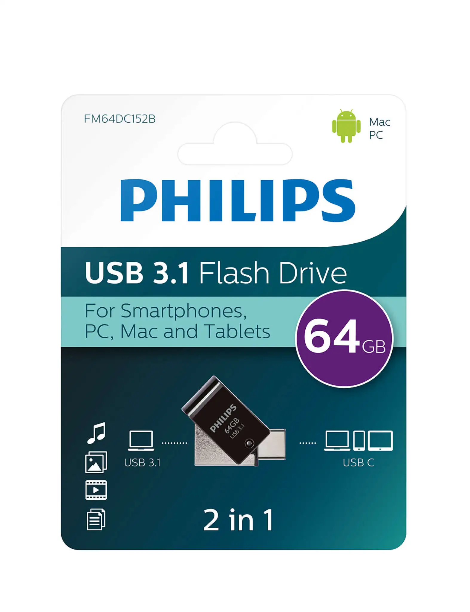 Philips USB Flash Drive 2-in-1. 64GB. USB 3.1 - USB C