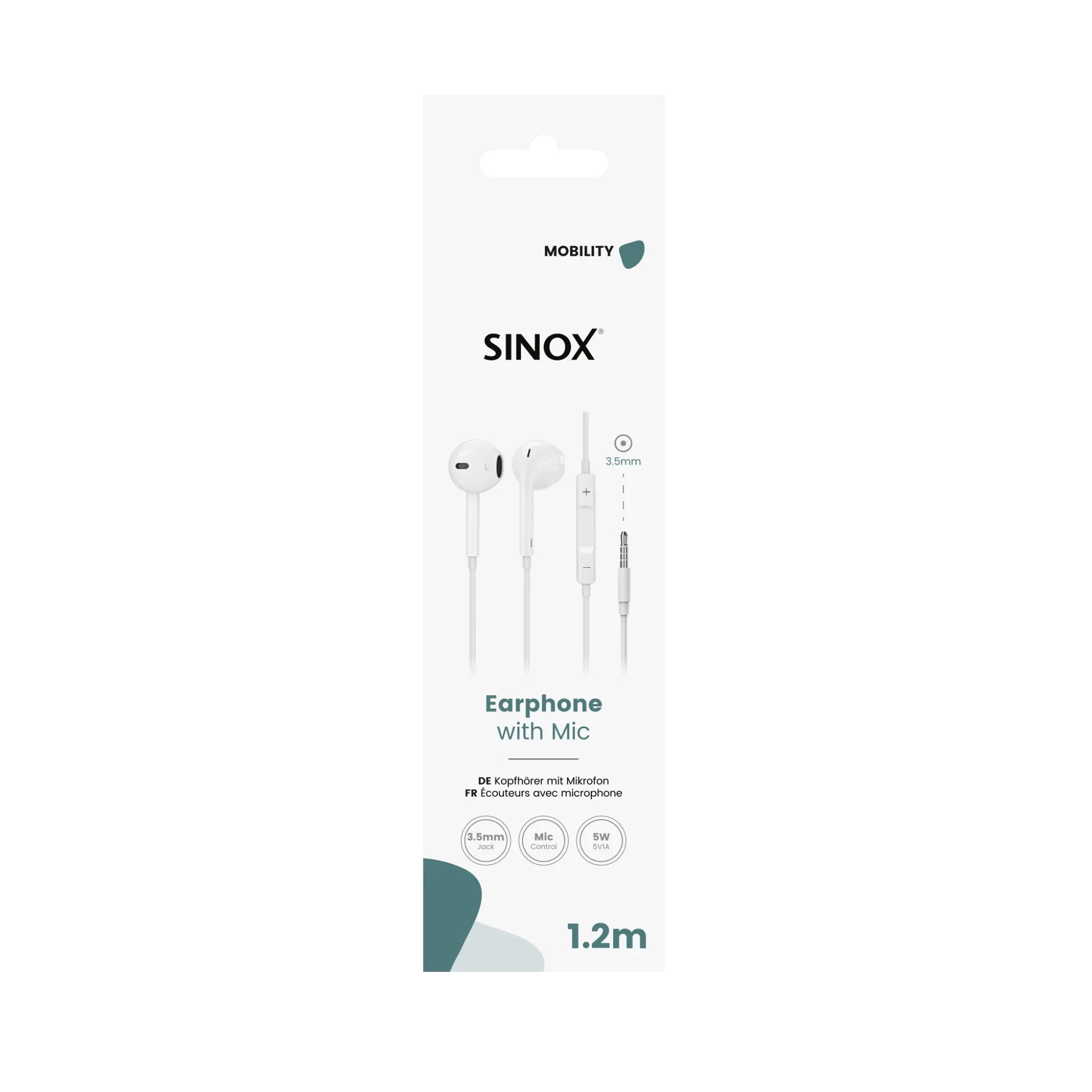 Sinox in-ear headphones 3.5mm with microphone. White