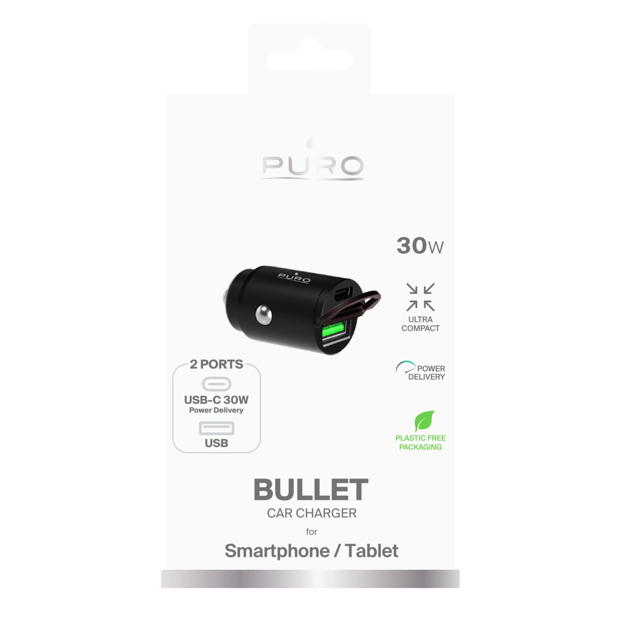 PURO Mini Car Charger "Bullet" USB-C and USB-A Fast Charging and Power Delivery 30W