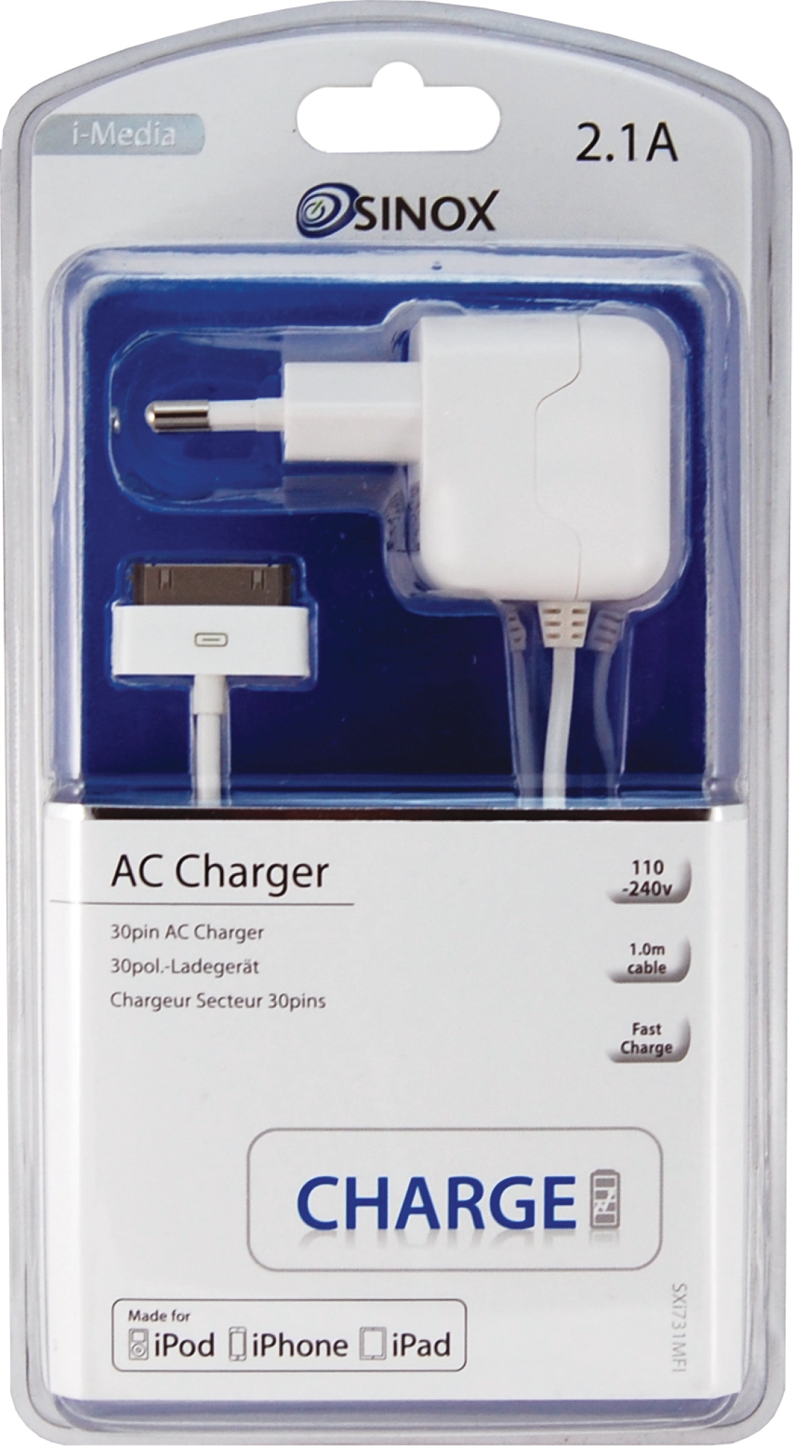 Sinox 230V Apple™ 30-pin Charger w/MFI chip. 1m. White