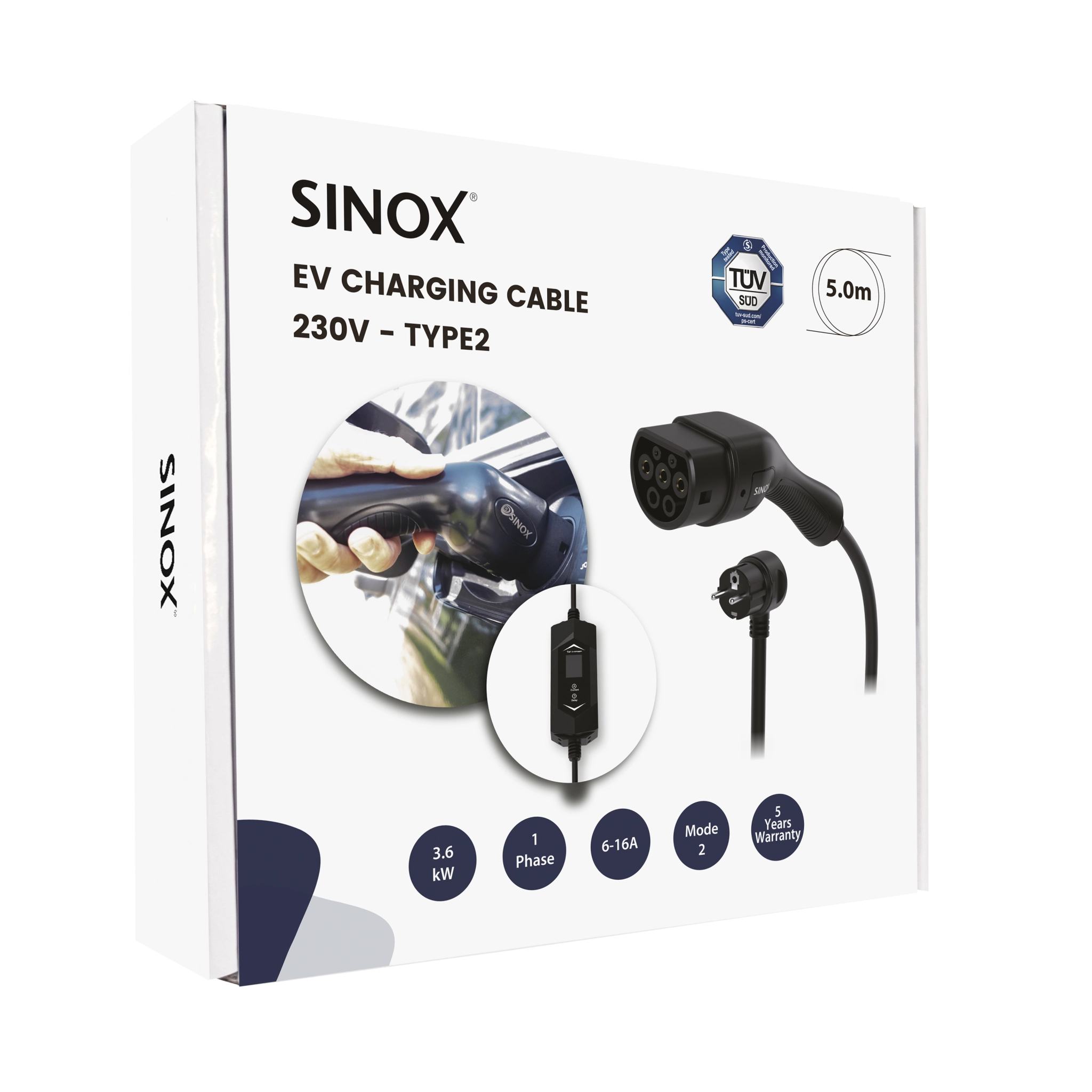 Sinox EV Charging Cable Mode 2. 6-16A 1 phase. 5m. Black