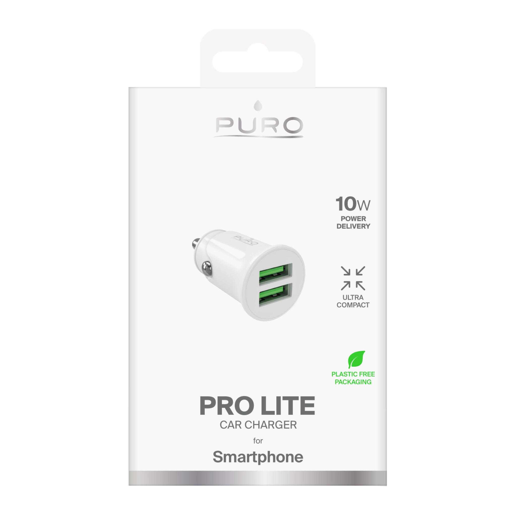 PURO Pro Lite car charger with 2 USB-A ports. White