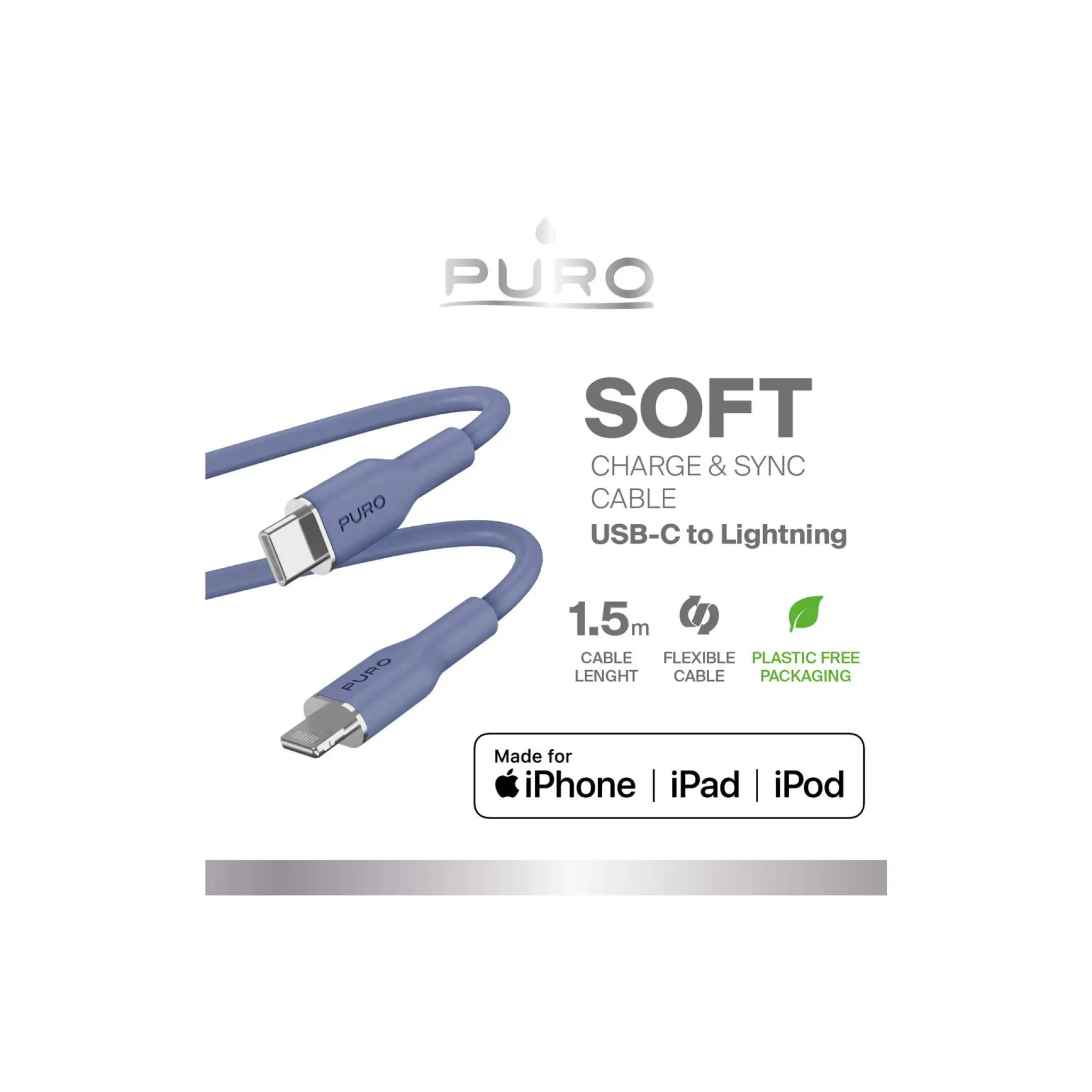 PURO Power And Data Sync SOFT Cable From USB-C To Lightning 1,5m