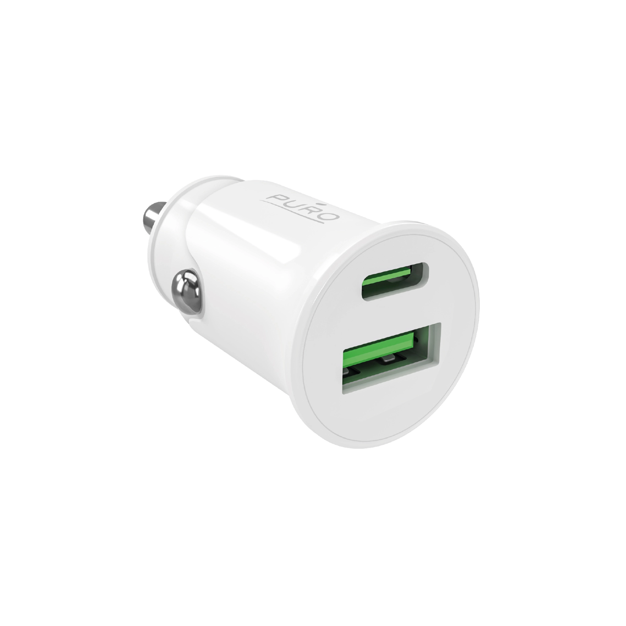 PURO Pro Lite car charger with 1 USB-A port and 1 USB-C port. White