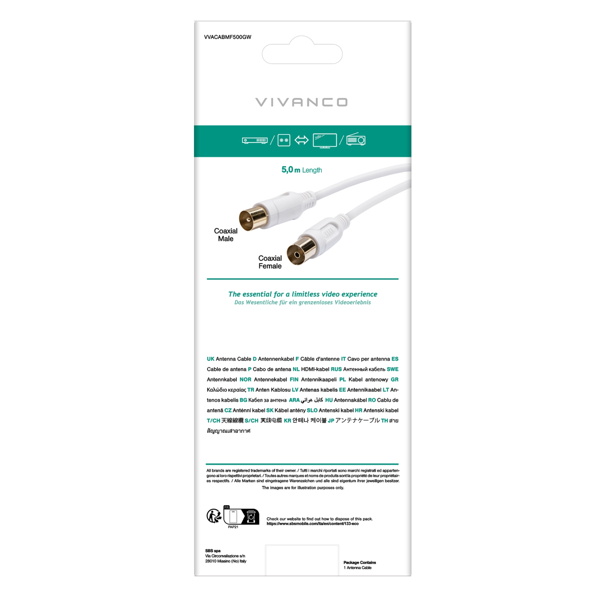 Vivanco Ferrite Coaxial Antenna Cable, 90dB