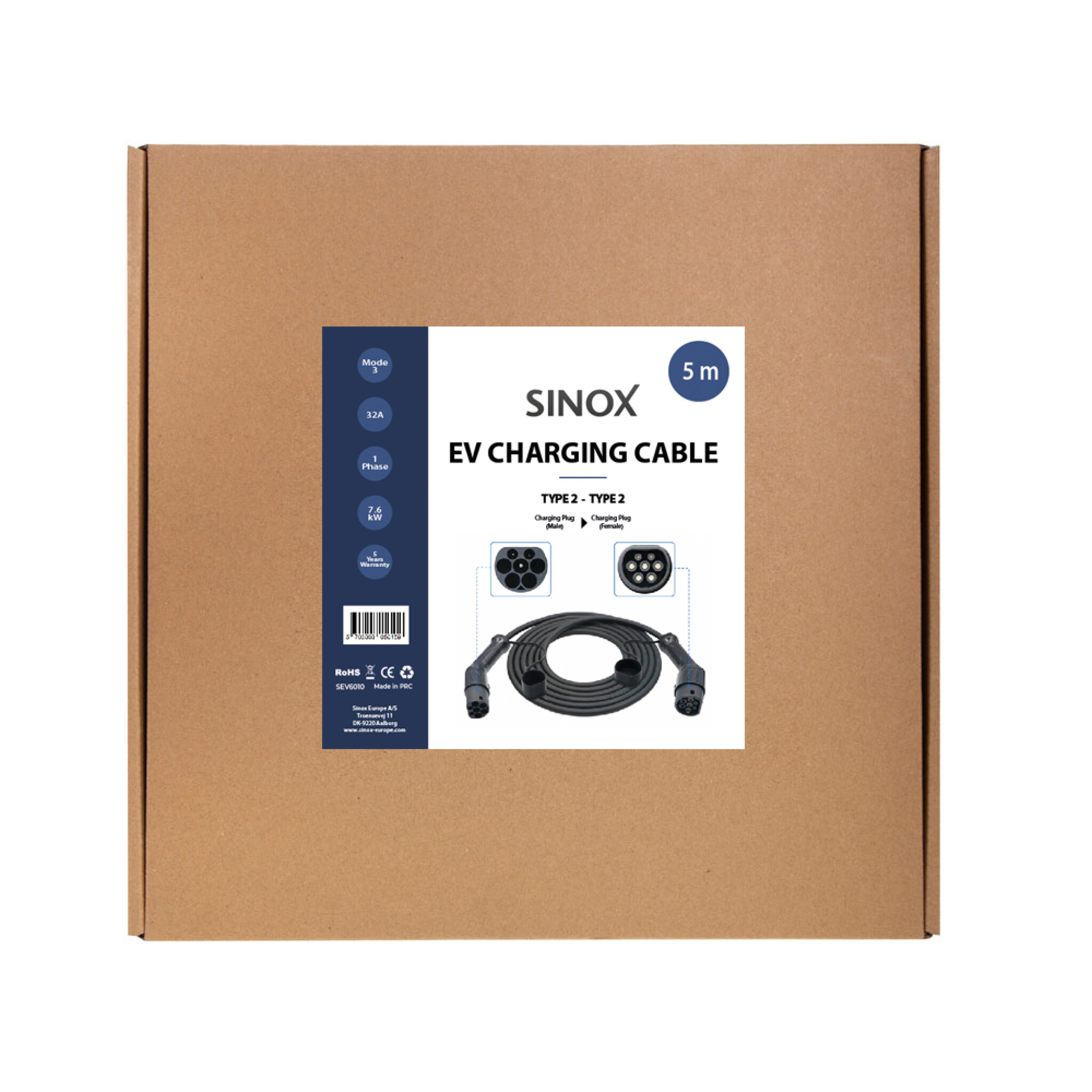 Sinox EV Charging Cable Mode 3. 32A 1 phase. 5m. Black