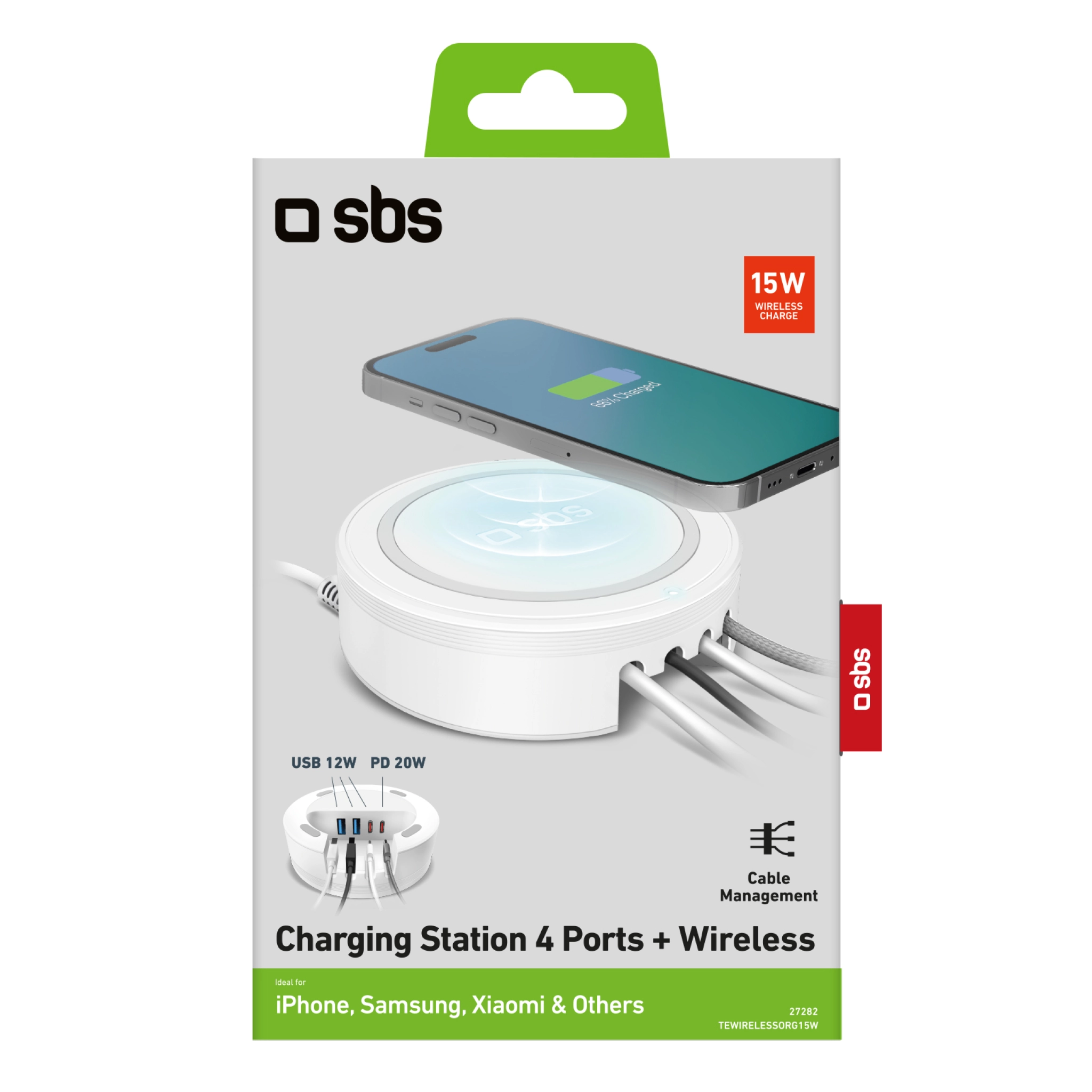 SBS Charging station with 2 USB-A ports, 2 USB-C ports and wireless charger. White