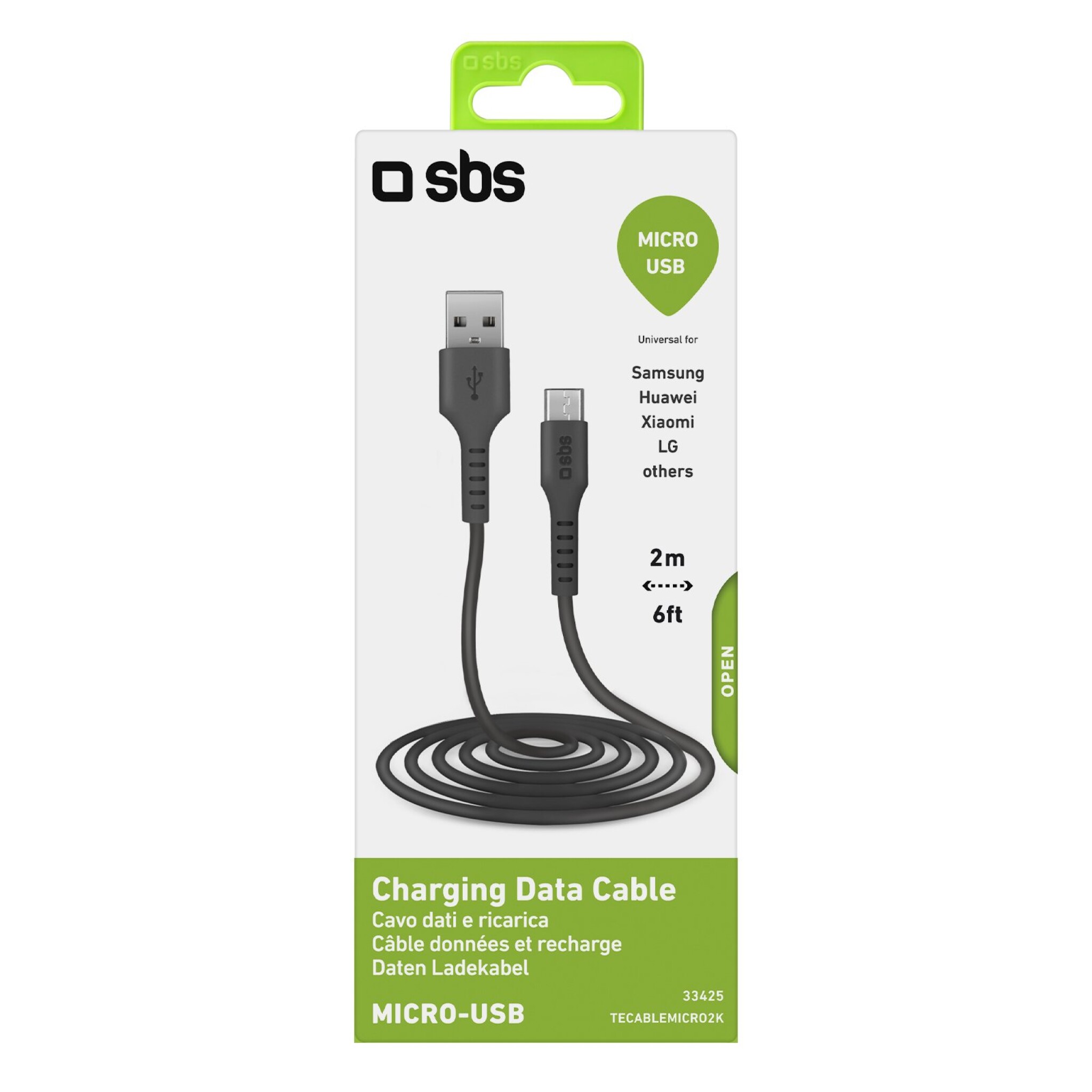 SBS Micro USB Cable. 2m. Black