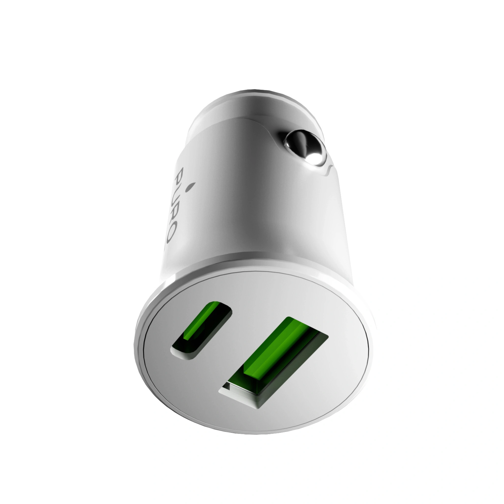PURO Pro Lite car charger with 1 USB-A port and 1 USB-C port. White