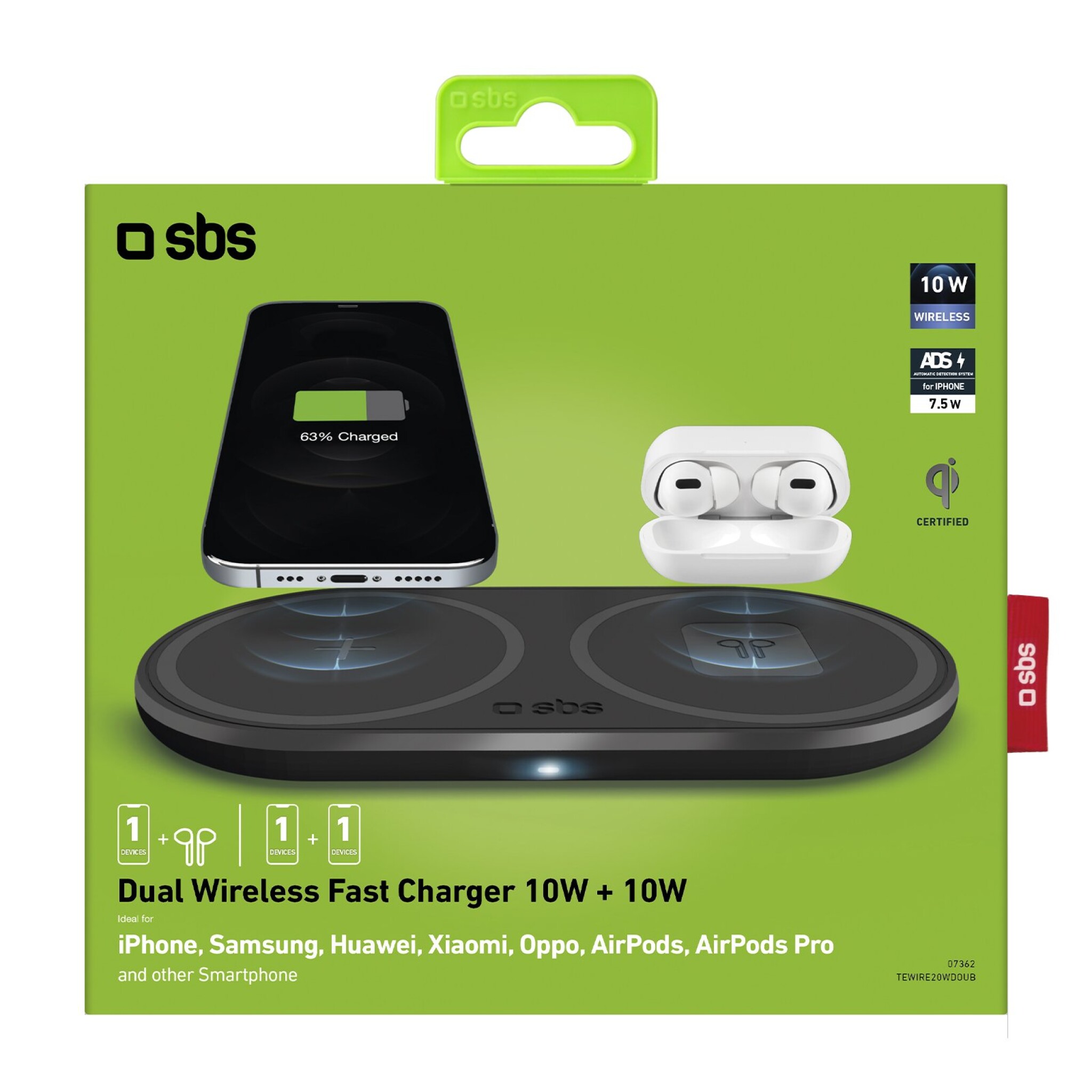 SBS Dual Wireless 10W+10W Qi Charger Pad. Black