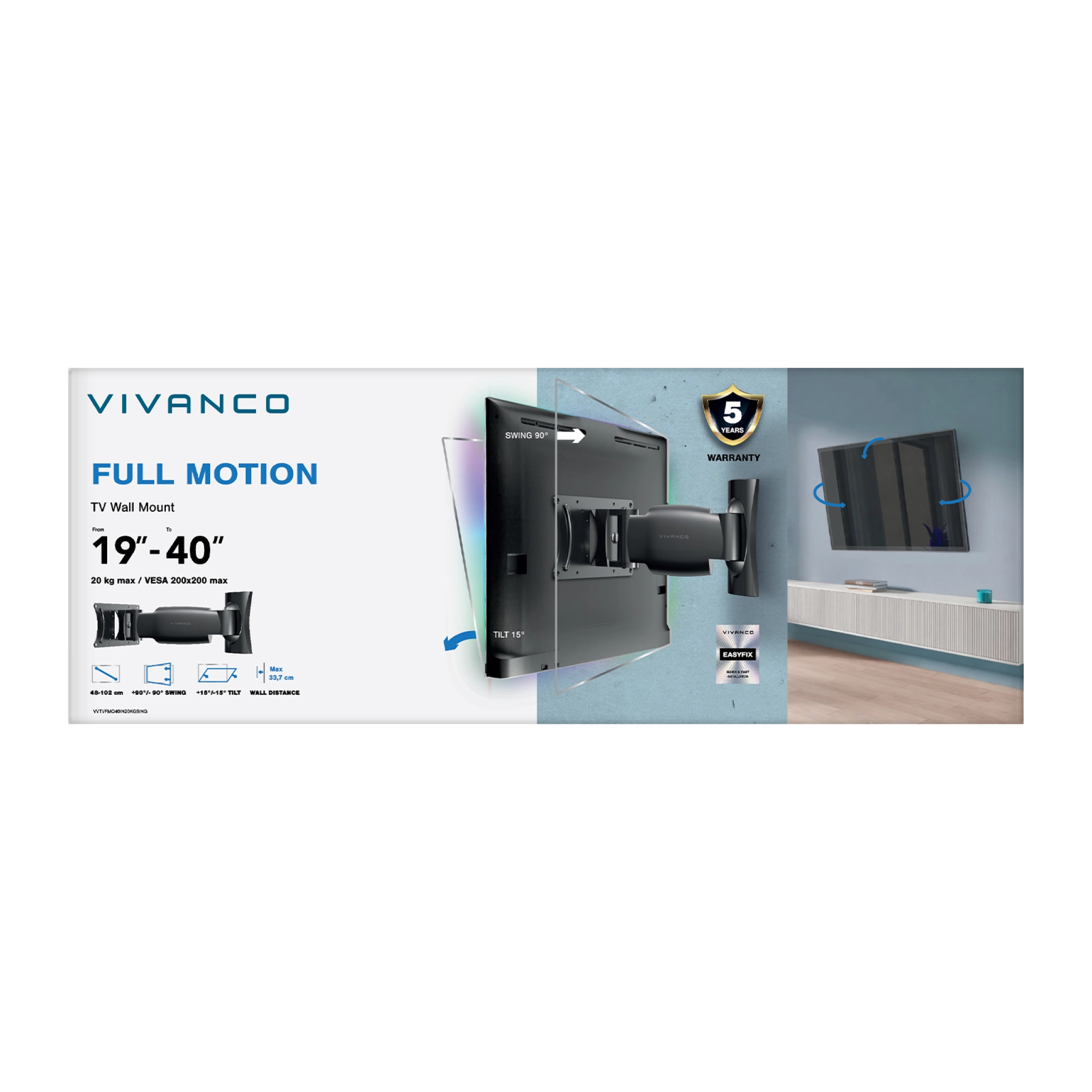 Vivanco TITAN TV Wall Mount, TILT, rotation 360°, 40", 20kg, VESA 200x200