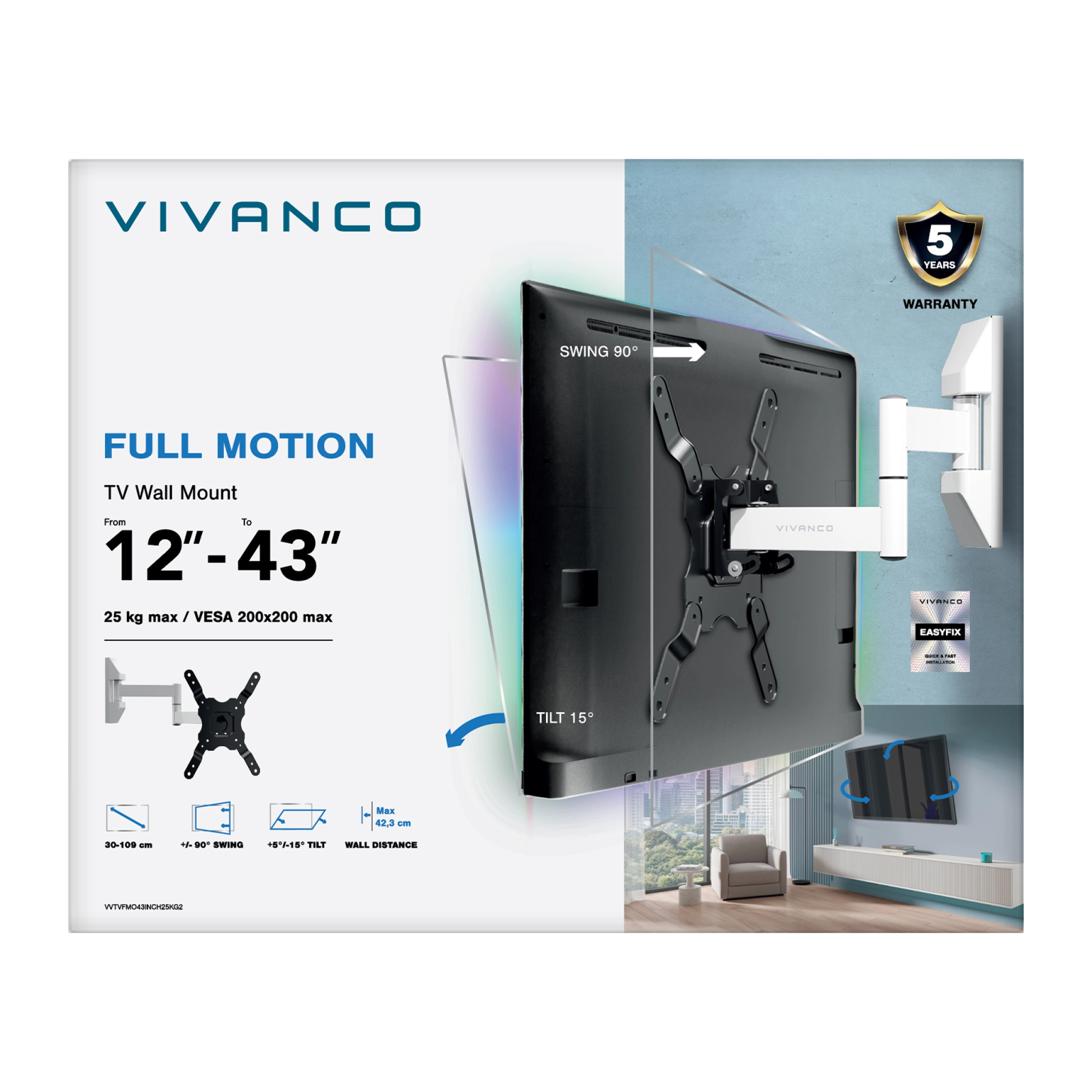 Vivanco TV Wall Mount, MOTION, dual arm, 43", 25kg White, VESA 200x200
