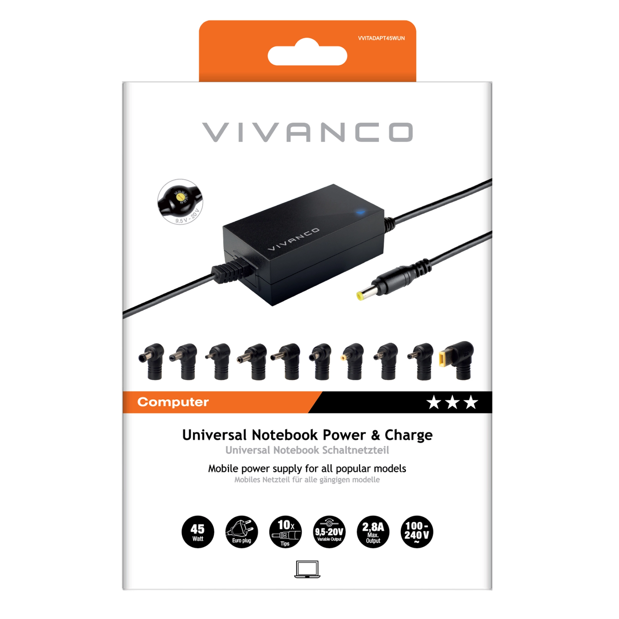 Vivanco Universal power supply with switch for notebooks and netbooks, 45 Watt