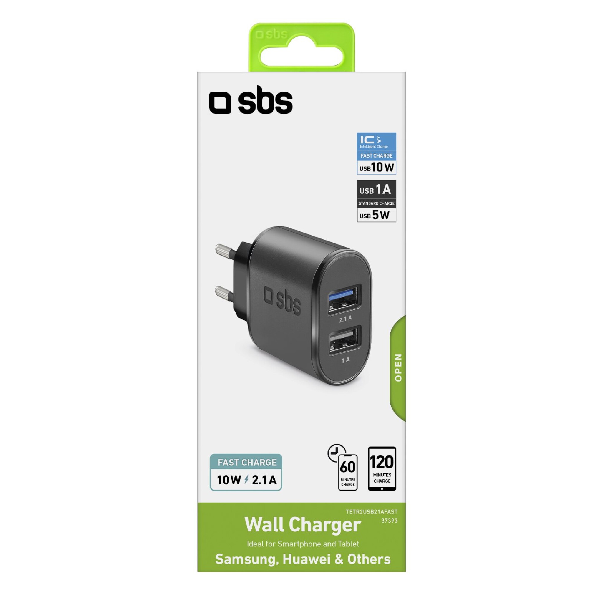 SBS 2100 mAh Charger. 2.1A + 1A. Black