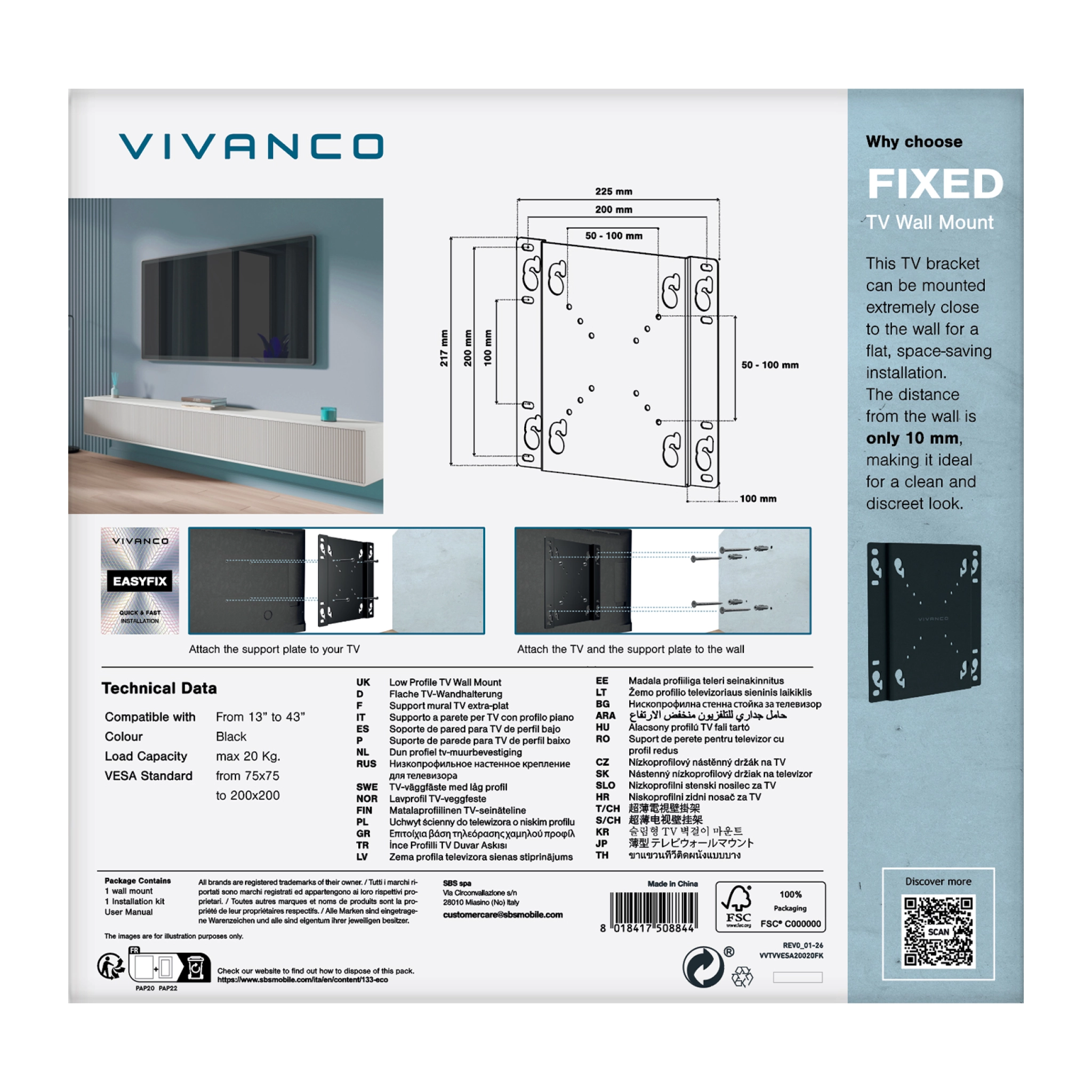 Vivanco TV Wall Mount, FLAT, 43", 20kg ,VESA 200x200