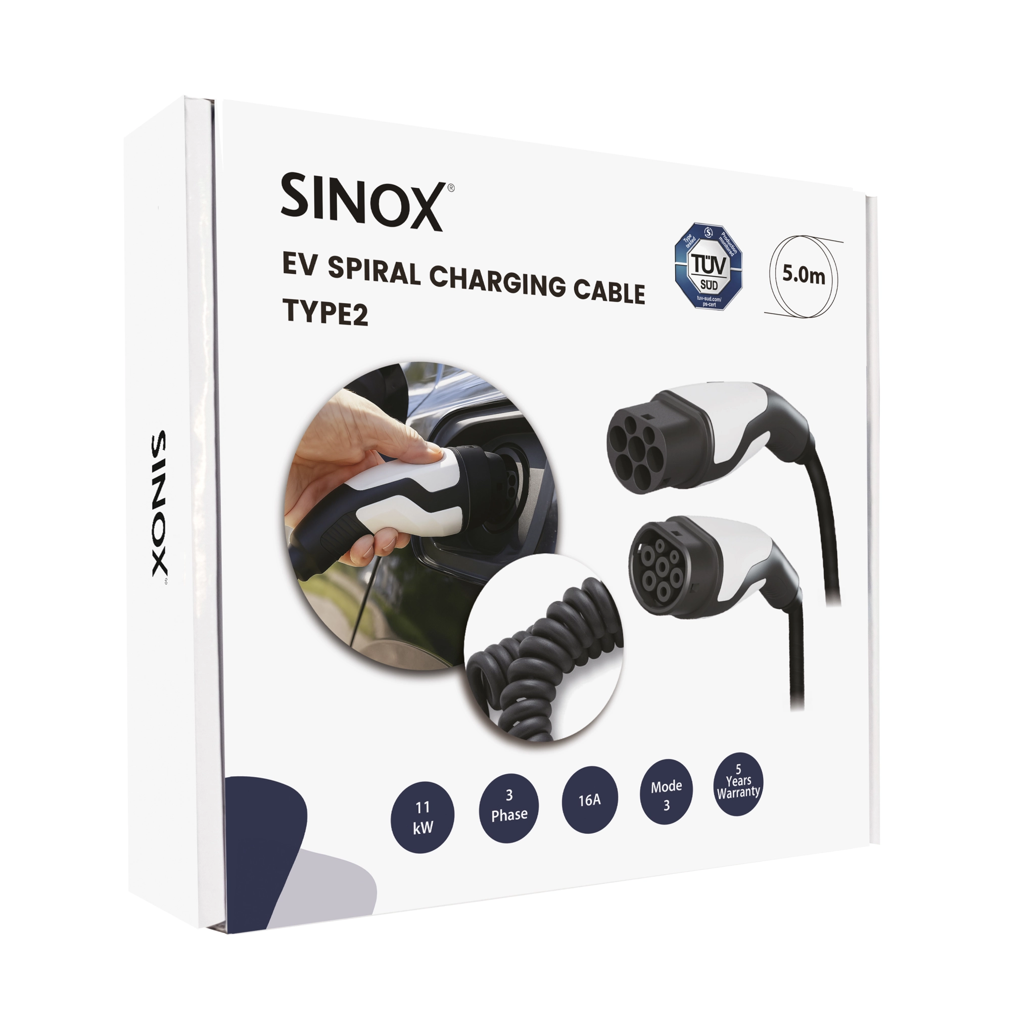 Sinox EV Charging Spiral Cable Mode 3. 16A 3 phases. 5m. Black