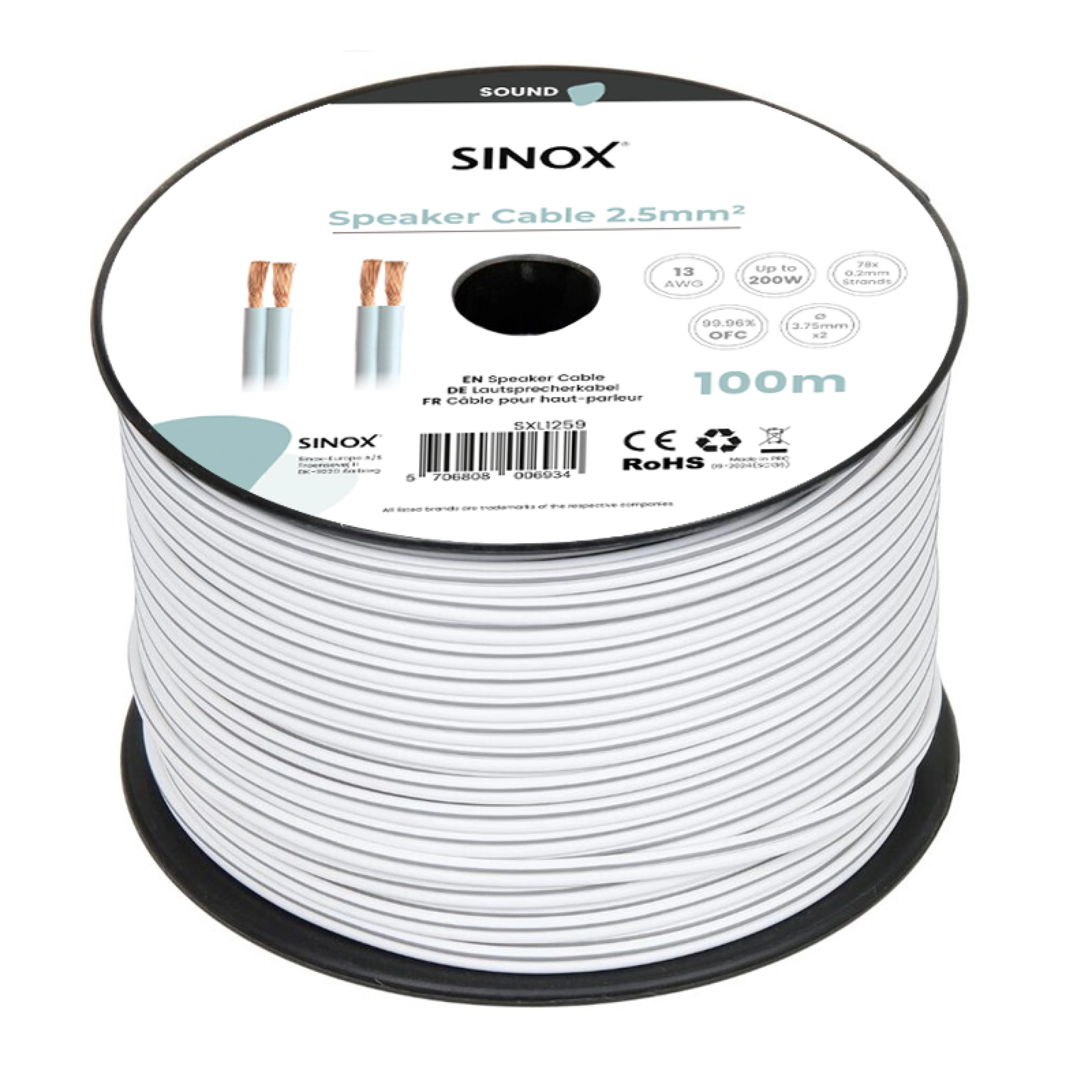 Sinox Speakercable 2x2.5mm. White