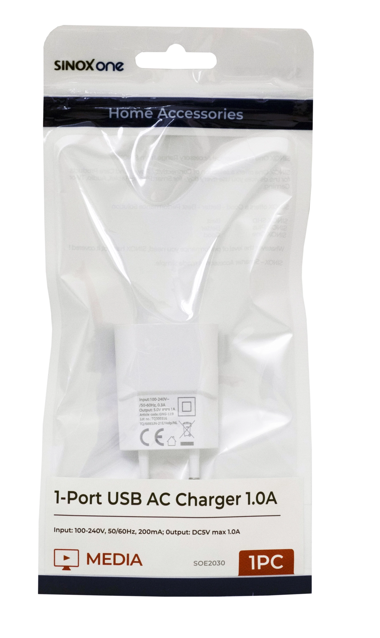 Sinox One 230V USB A charger. 1.0A. White