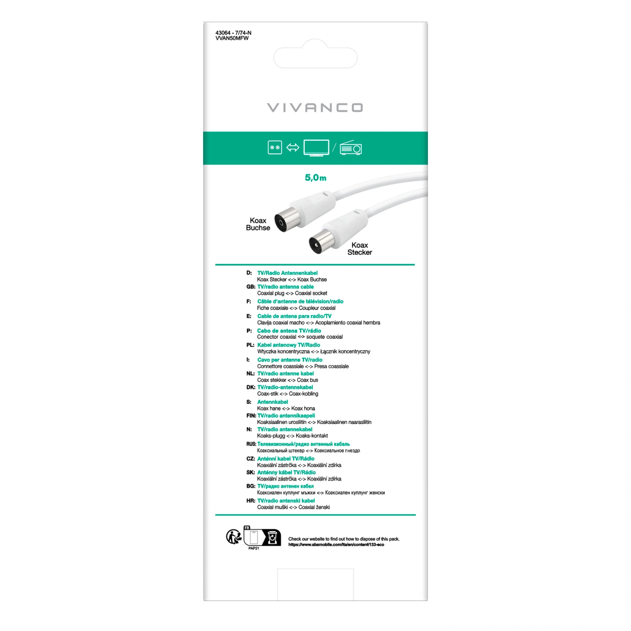 Vivanco Male/male antenna cable 50dB