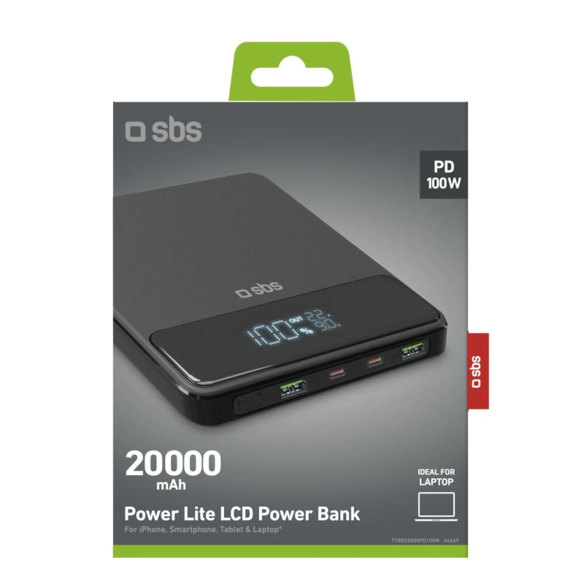 SBS Ultra-slim, 20,000 mAH, 100 Watt powerbank. Black