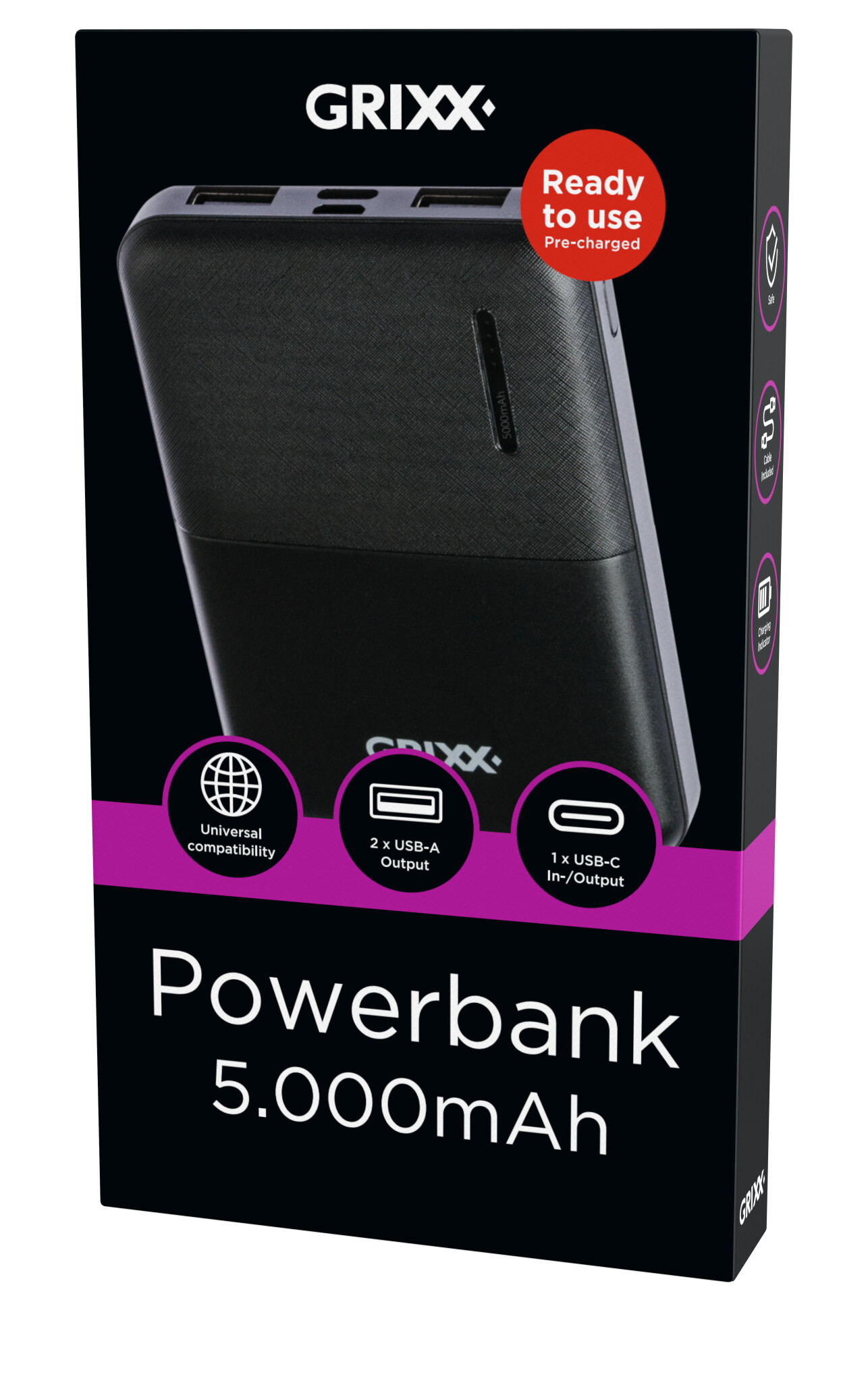 Grixx Powerbank 5.000mAh. Black