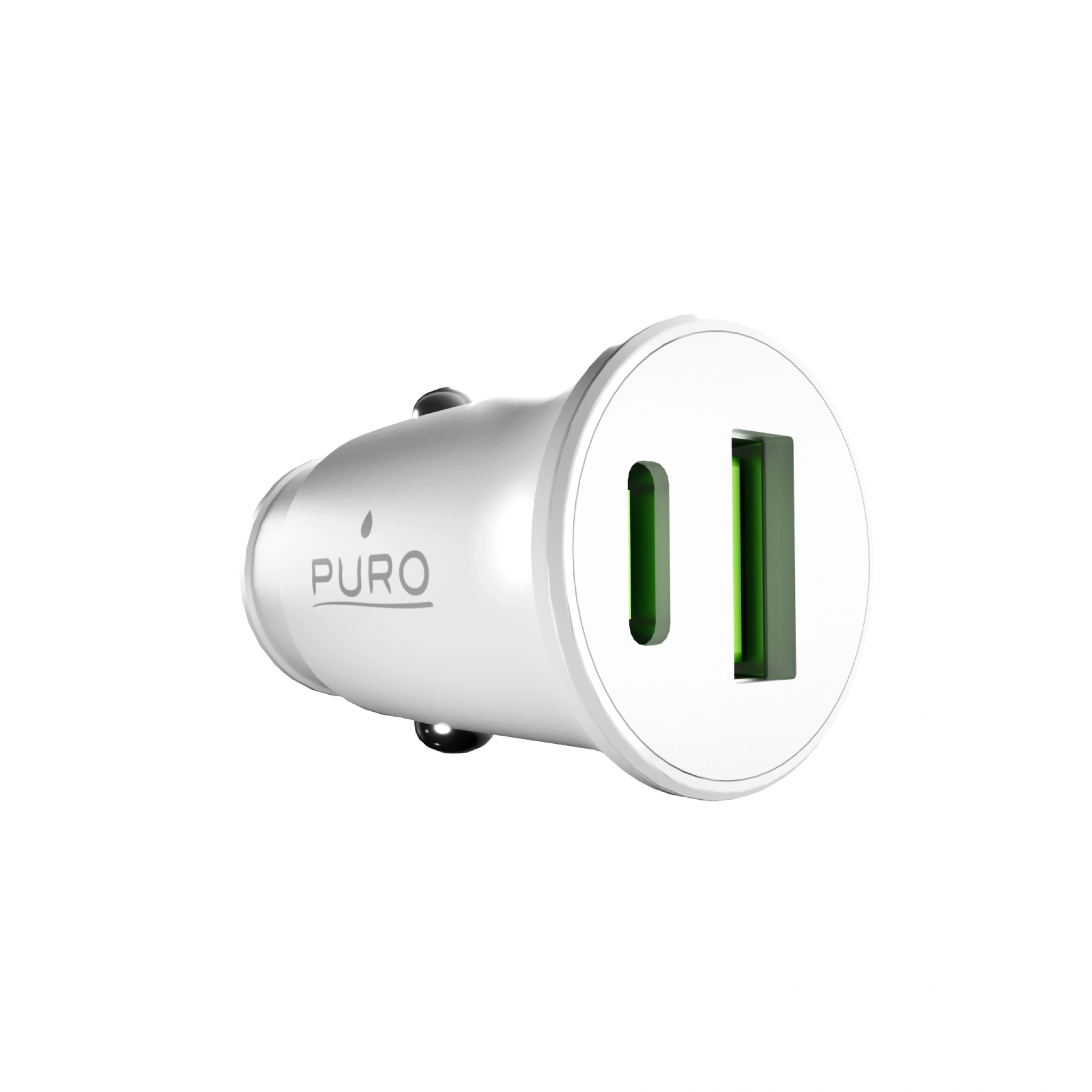 PURO Pro Lite car charger with 1 USB-A port and 1 USB-C port. White