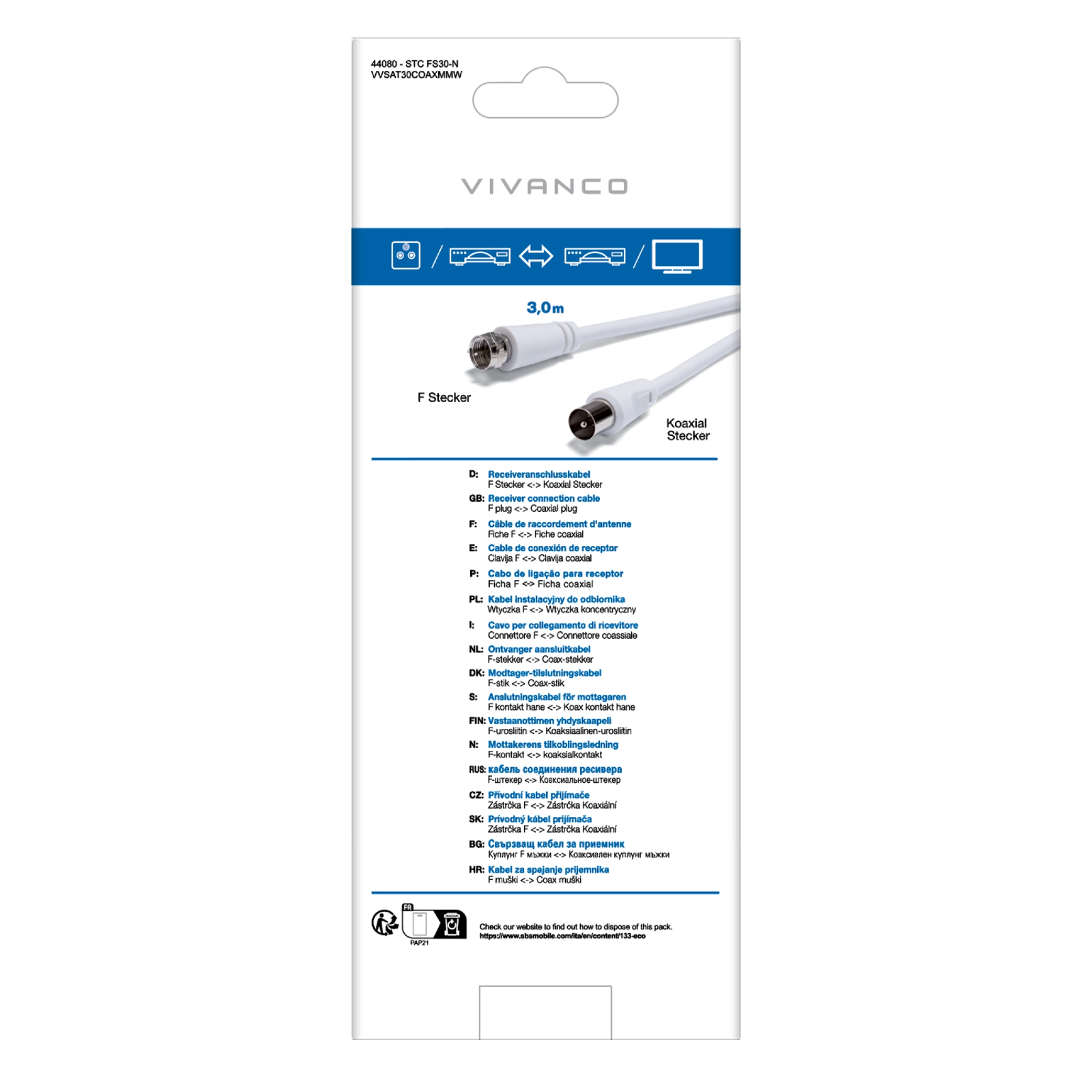 Vivanco Coaxial satellite cable Type F male to male