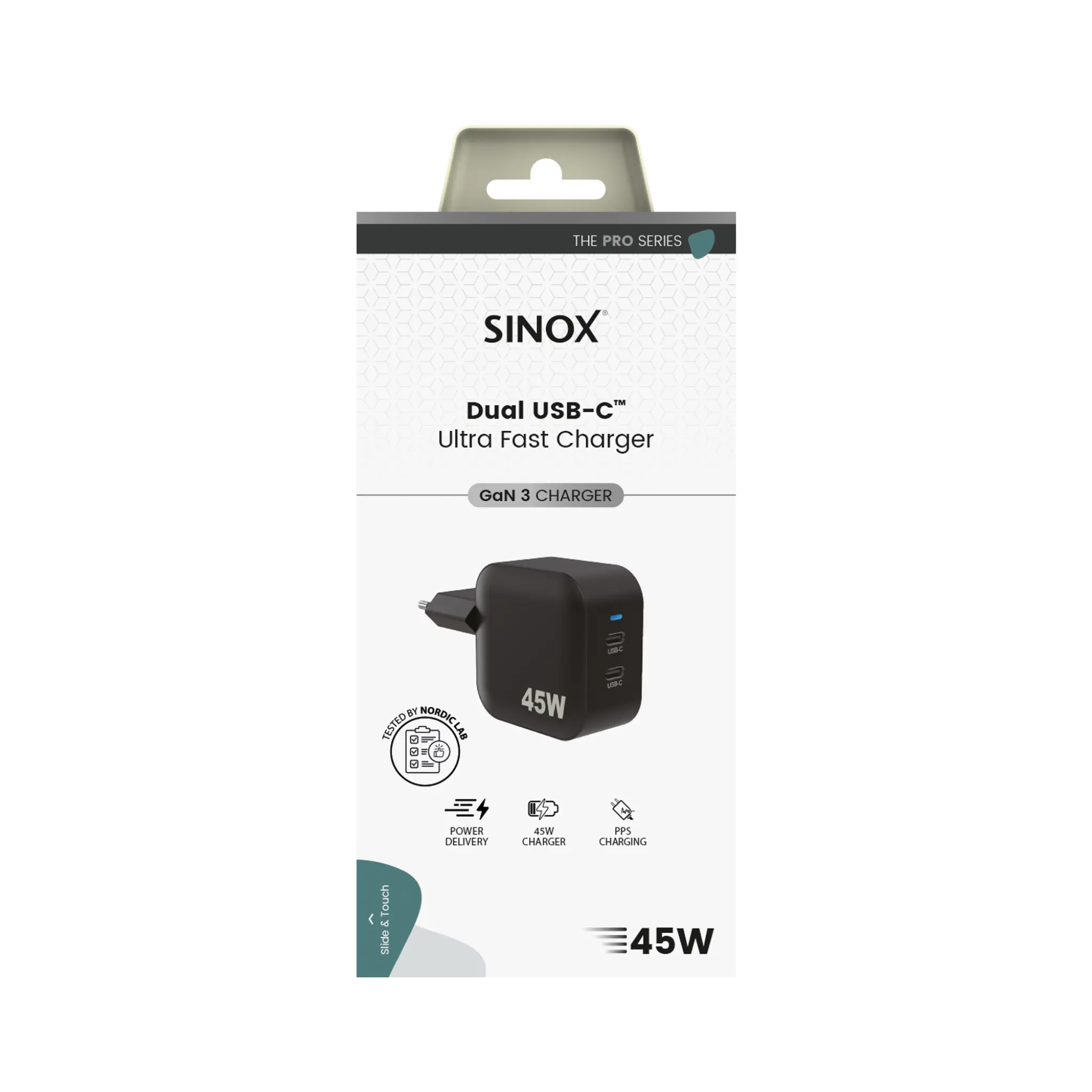 Sinox PRO Wall Charger 2xUSB-C PD 45W. Black