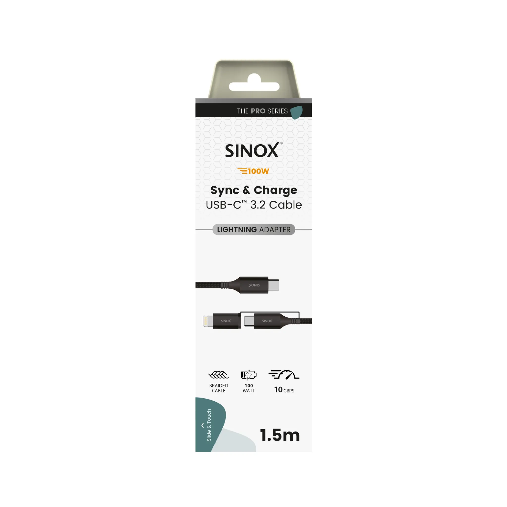 Sinox PRO 2-in-1 Cable with USB-C and Lightning. 1.5m. Braided. Black