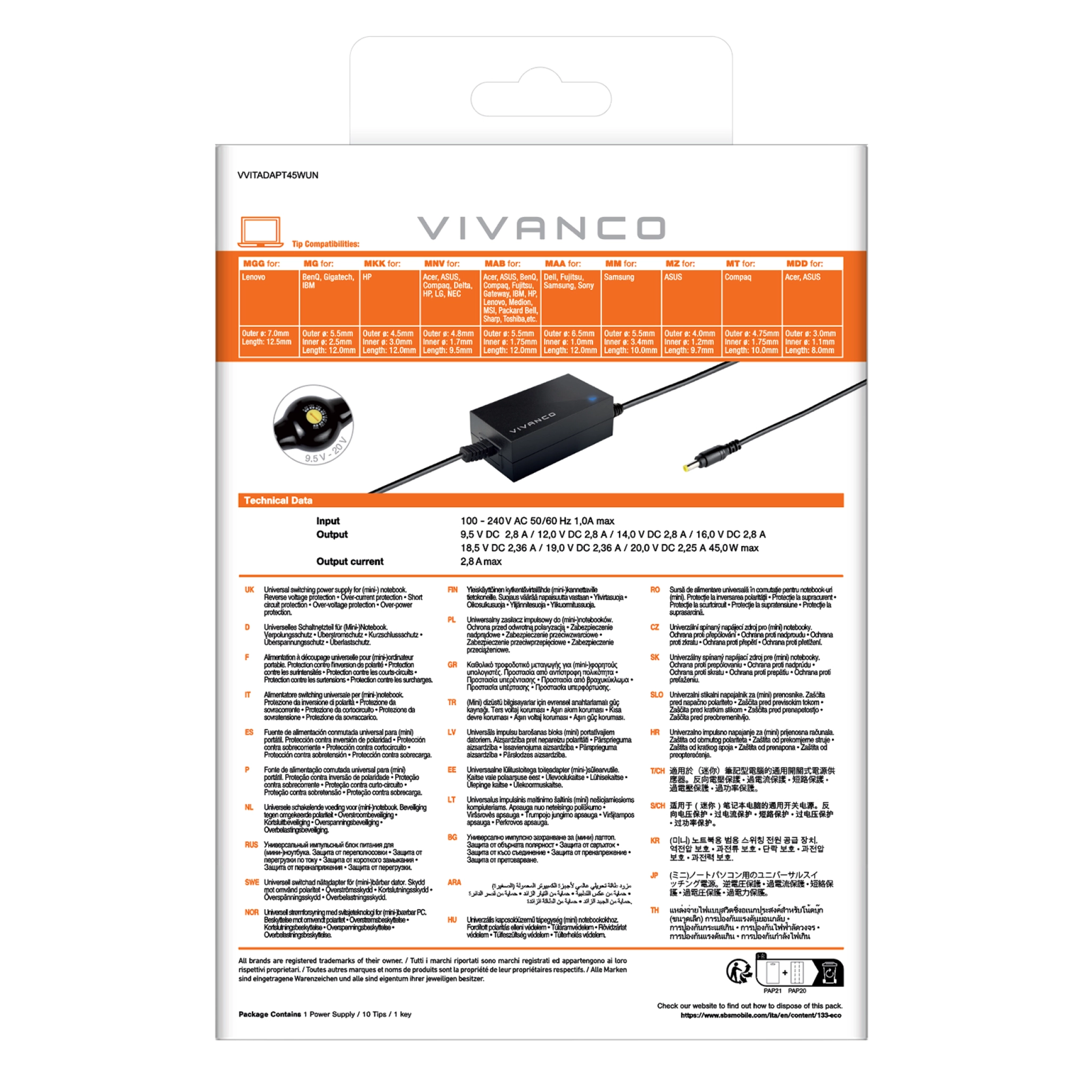 Vivanco Universal power supply with switch for notebooks and netbooks, 45 Watt