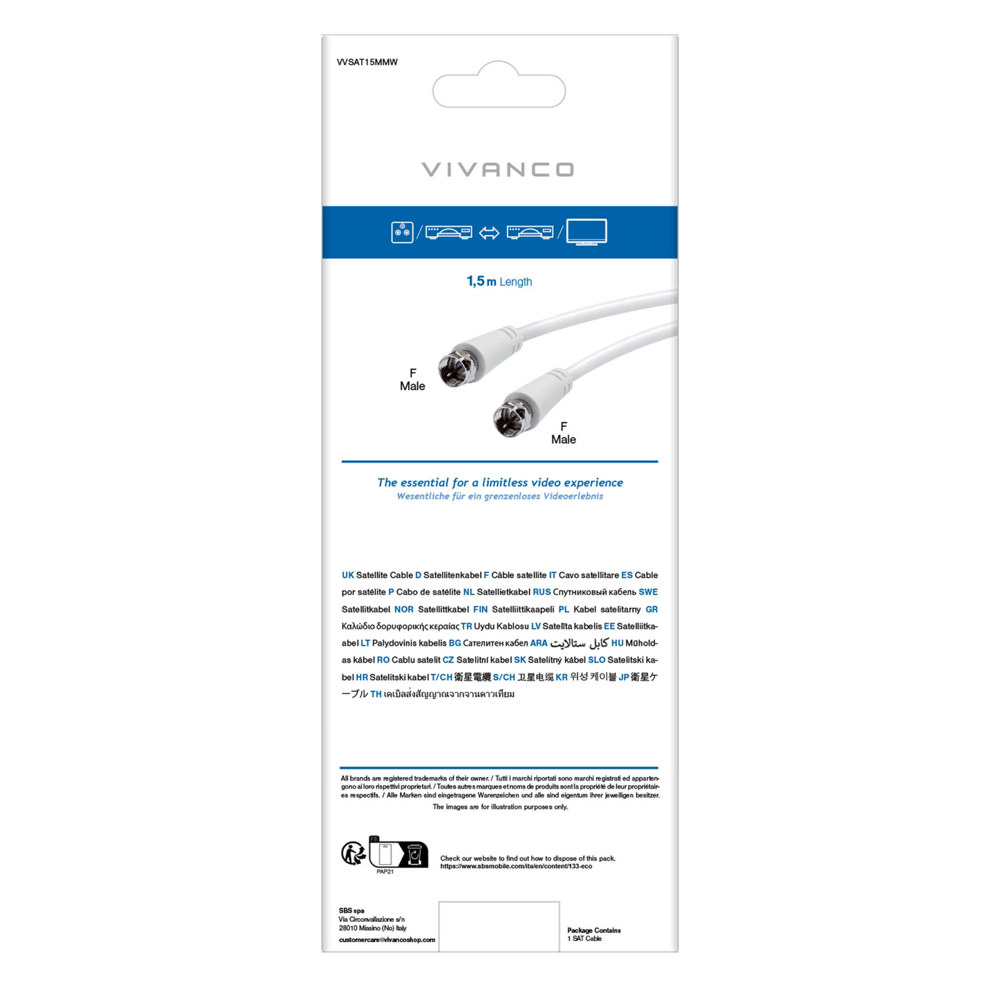 Vivanco Coaxial satellite cable Type F male to female