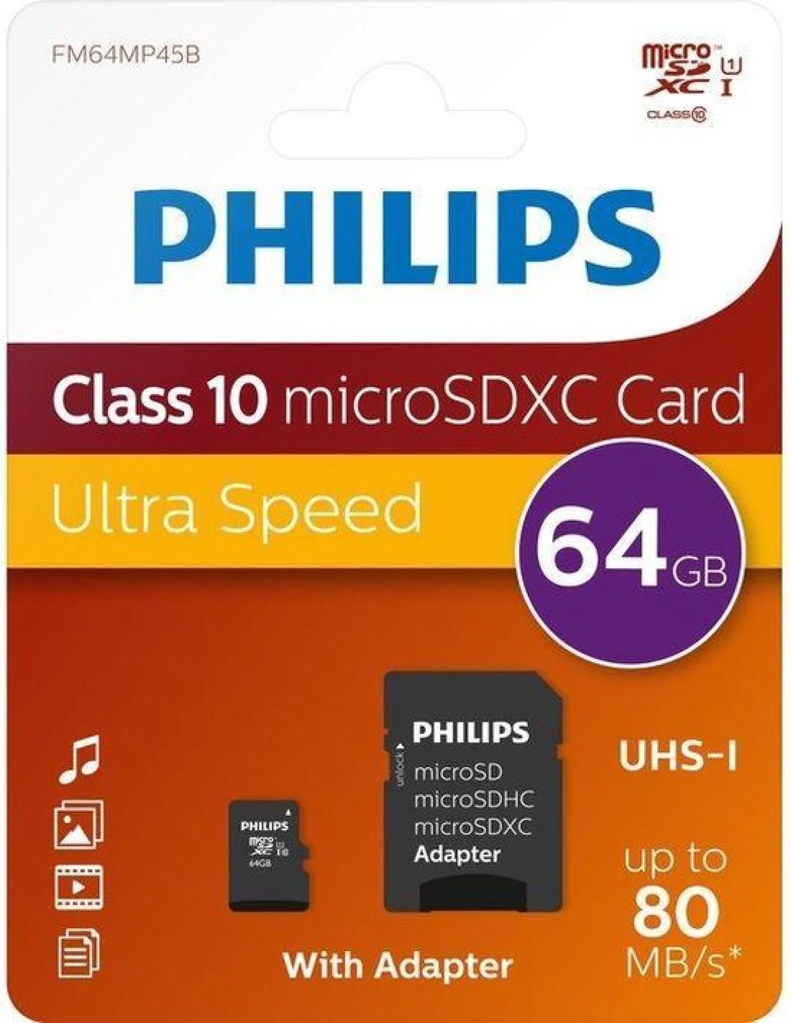 Philips Micro SDXC Card. 64GB Class 10 UHS-I U1