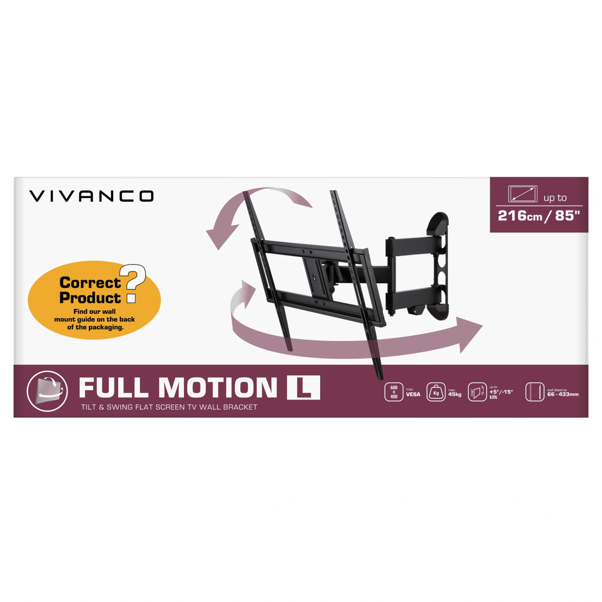 Vivanco TV Wall Mount, MOTION, 85", 45kg, VESA 600x400