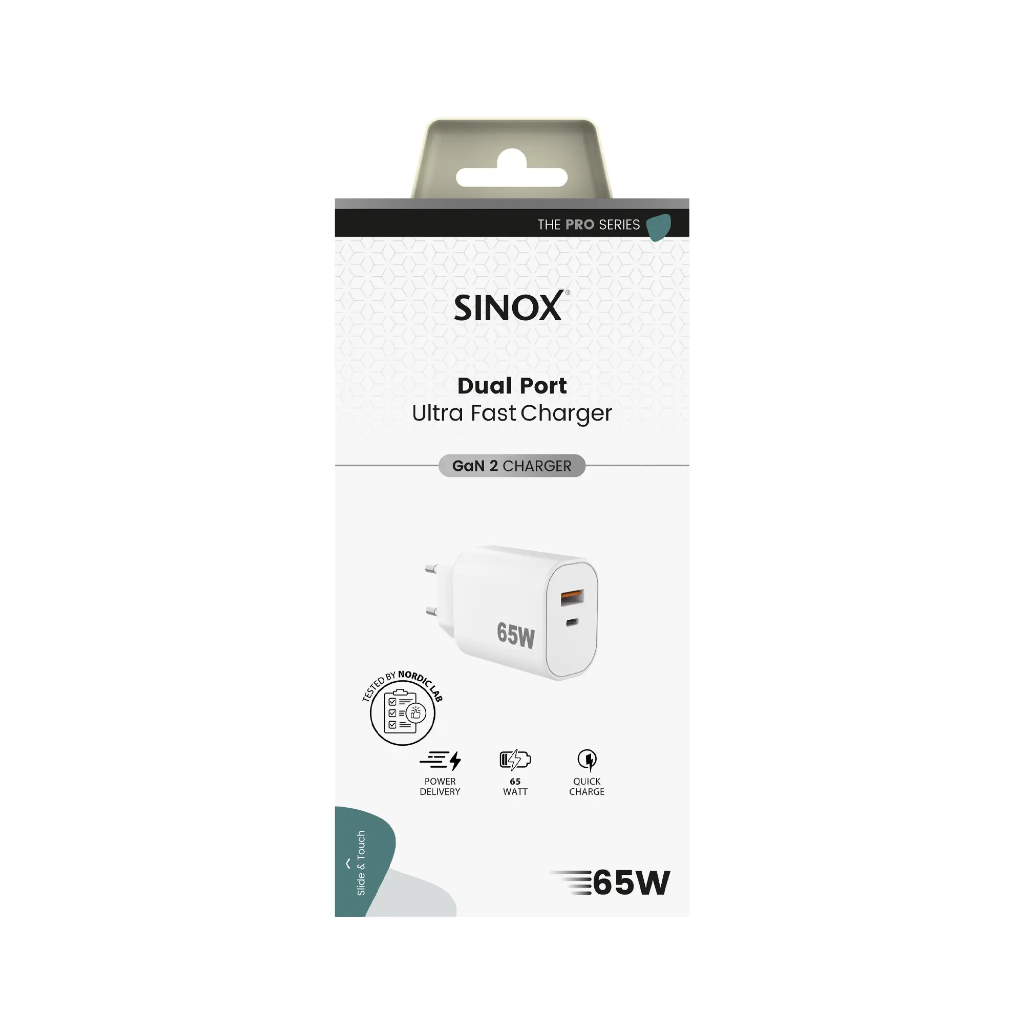 Sinox PRO Wall Charger USB-A+USB-C PD 65W. White