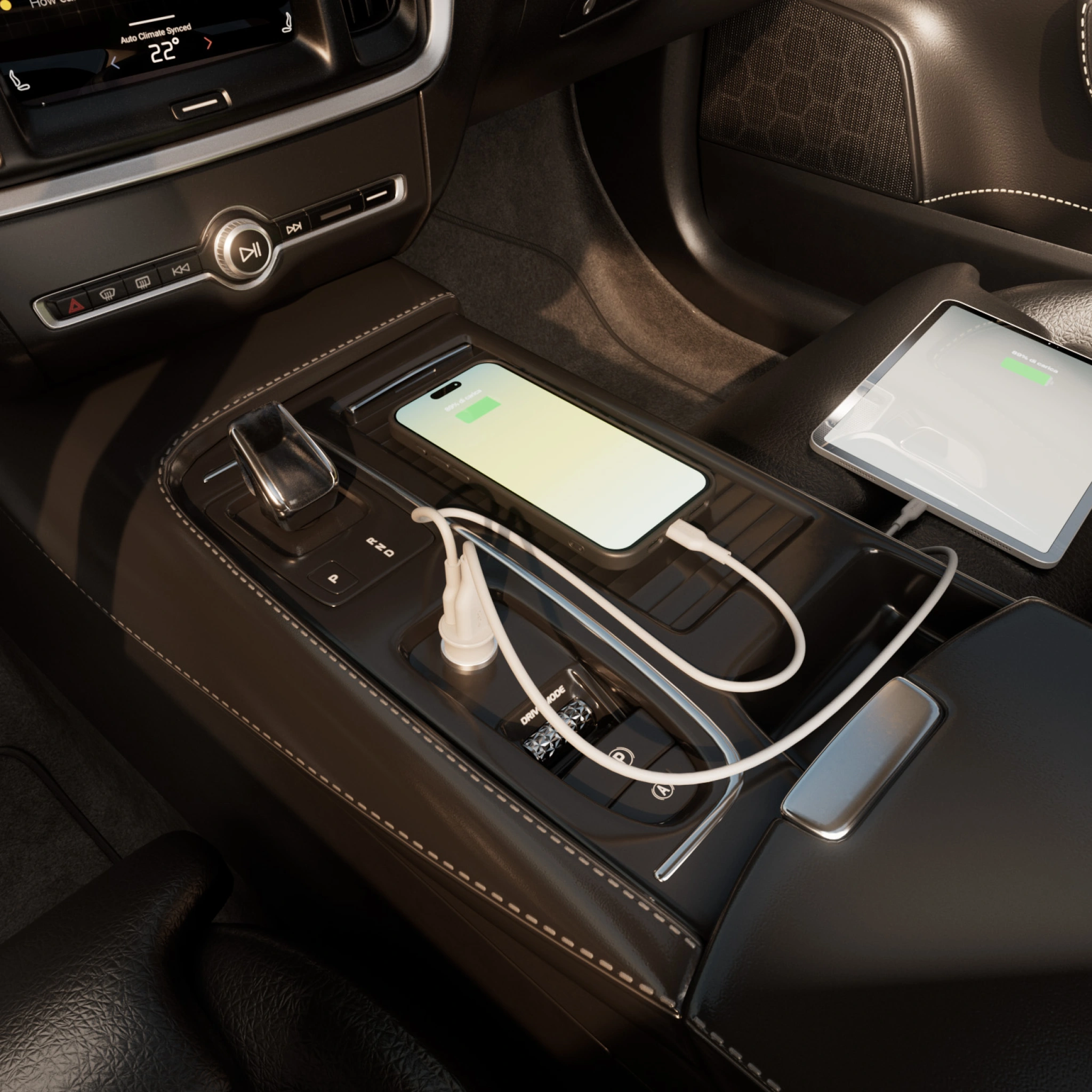 PURO Pro Lite car charger with 1 USB-A port and 1 USB-C port. White