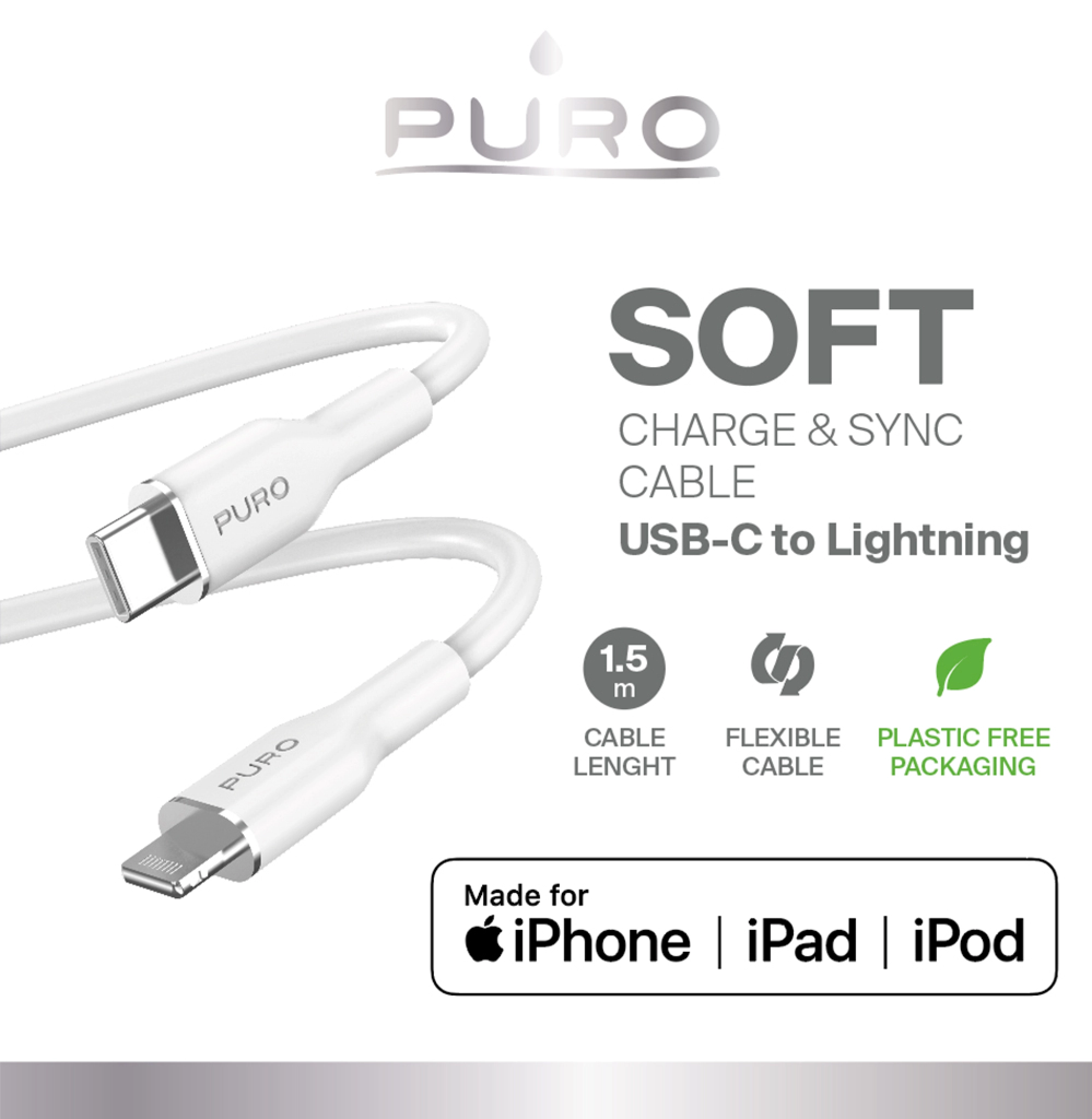 PURO Power And Data Sync SOFT Cable From USB-C To Lightning 1,5m