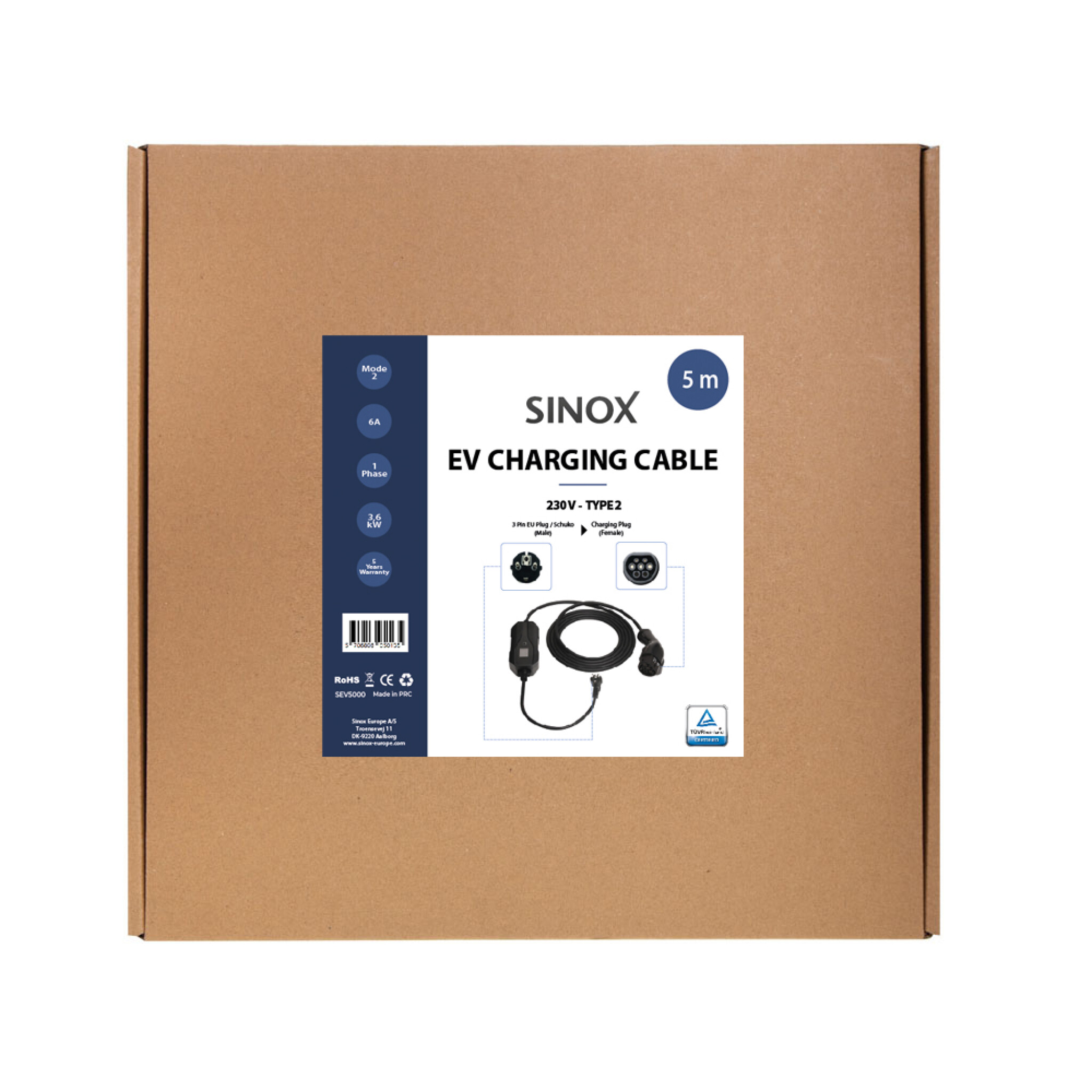 Sinox EV Charging Cable Mode 2. 6A 1 phase. 5m. Black