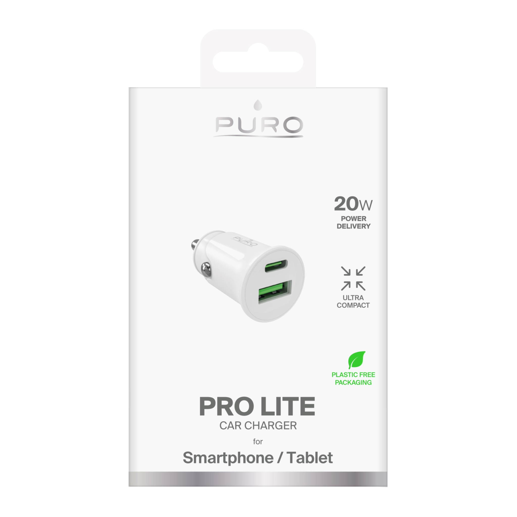 PURO Pro Lite car charger with 1 USB-A port and 1 USB-C port. White