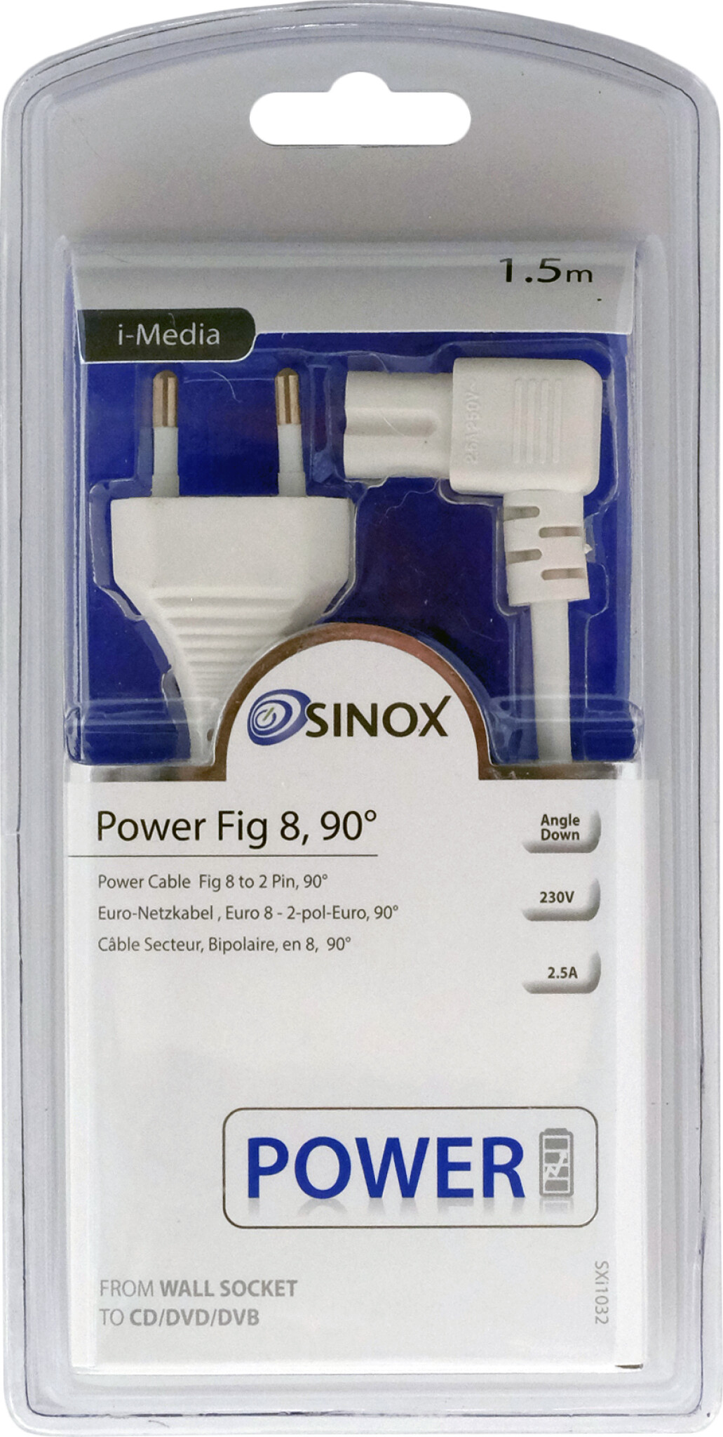 Sinox 8-figure angled Power cable. 1.5m. White