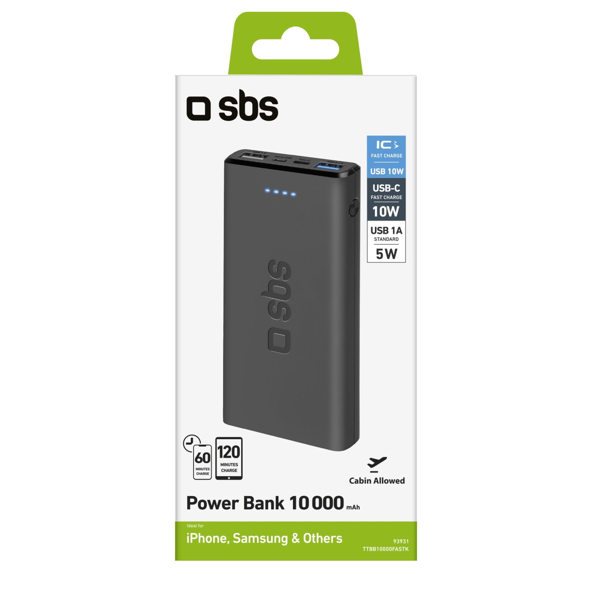 SBS Fast Charge Power Bank. 10.000 mAh. Black