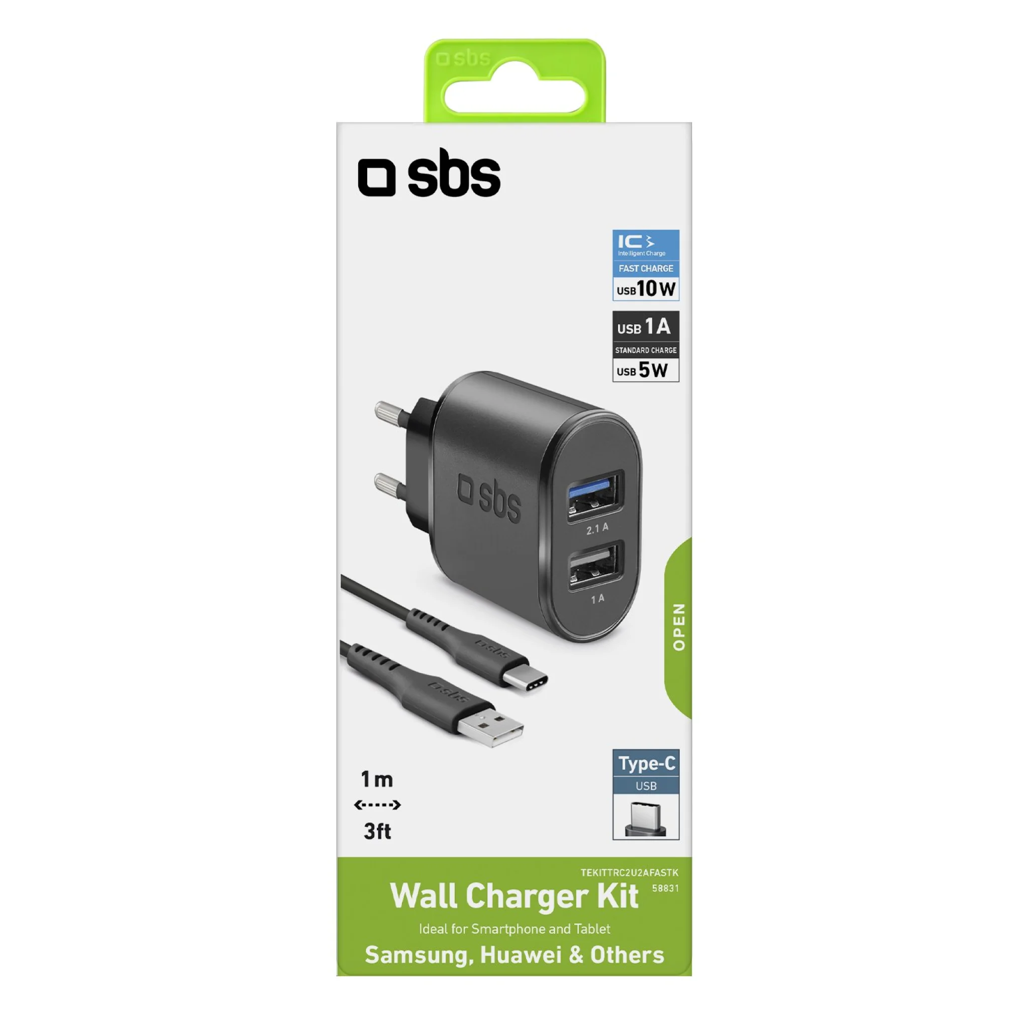 SBS 2100 mAh Charger. 1m USB - USB C Cable. Black